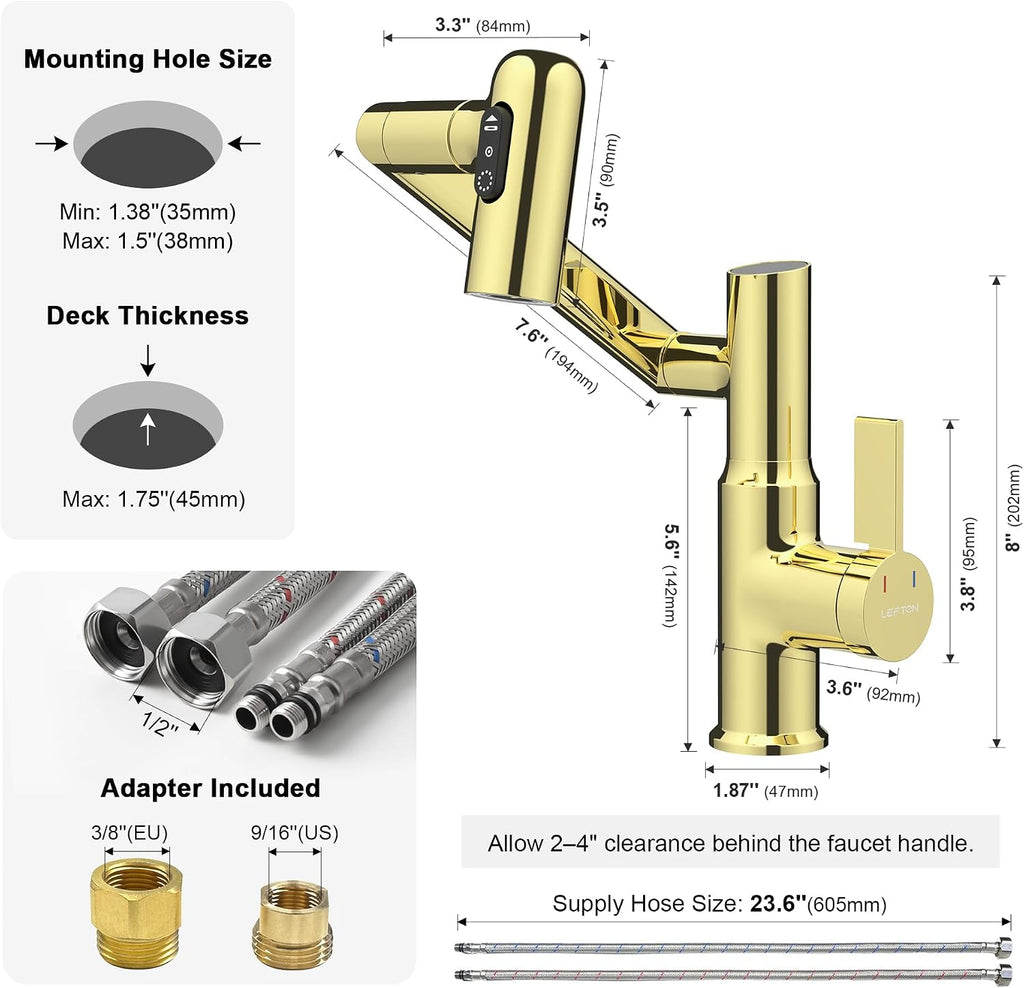 Lefton Rotatable Bathroom Faucet with Temperature Display in Fahrenheit (Batteries-Free), 3 Water Outlet Modes, Polished Gold, BF2204-5