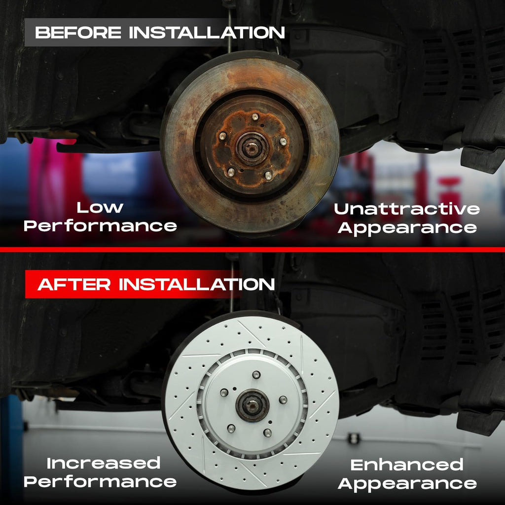R1 Concepts Front and Rear Brake Kit Fits 2014-2021 Jaguar F-Type; 2016-2019 Jaguar XJ| Euro Ceramic Brake Pads and Drilled Slotted Brake Rotors| 14.0' Front & 12.8' Rear