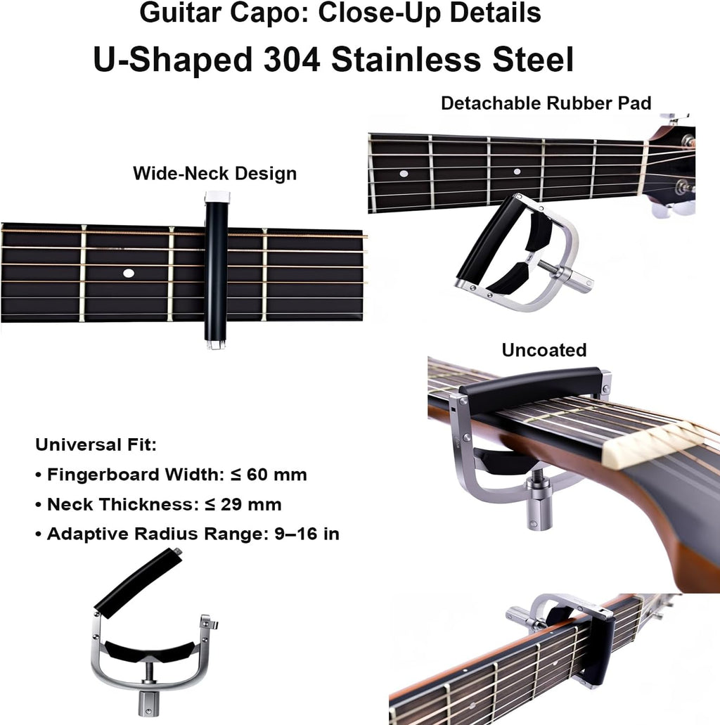 U-Shaped Guitar Capo 304 Stainless Steel | Professional Screw Adjustable Clamp for Acoustic, Electric, Classical Guitars & Bass | Fits 4-12 String & Banjo (9-16' Radius)