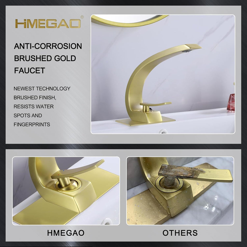 Bathroom Faucet Brushed Gold,Bathroom Sink Faucet for Sink 1 Hole or 3 Hole Mount Single Handle Basin Mixer with 6-inch 10-inch Deckplate