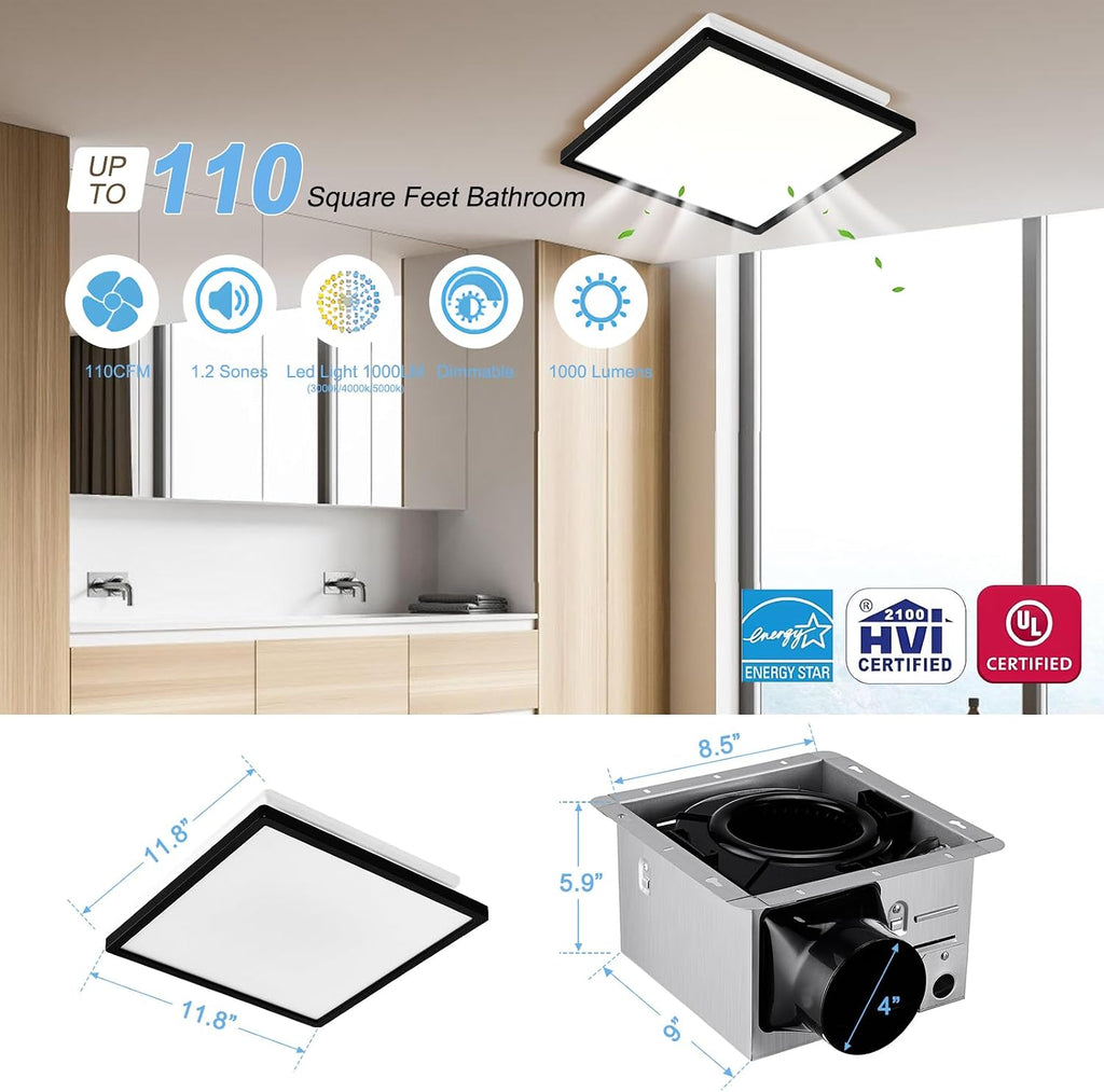 Tech Drive Bathroom Exhaust Fan with Light,110 CFM,1000lm Dimmable 5CCT LED Light with Night Light Selectable, Quiet Ventilation Fan,Energy Star Bath Fan, Decorative Black Trim, Easy to Install