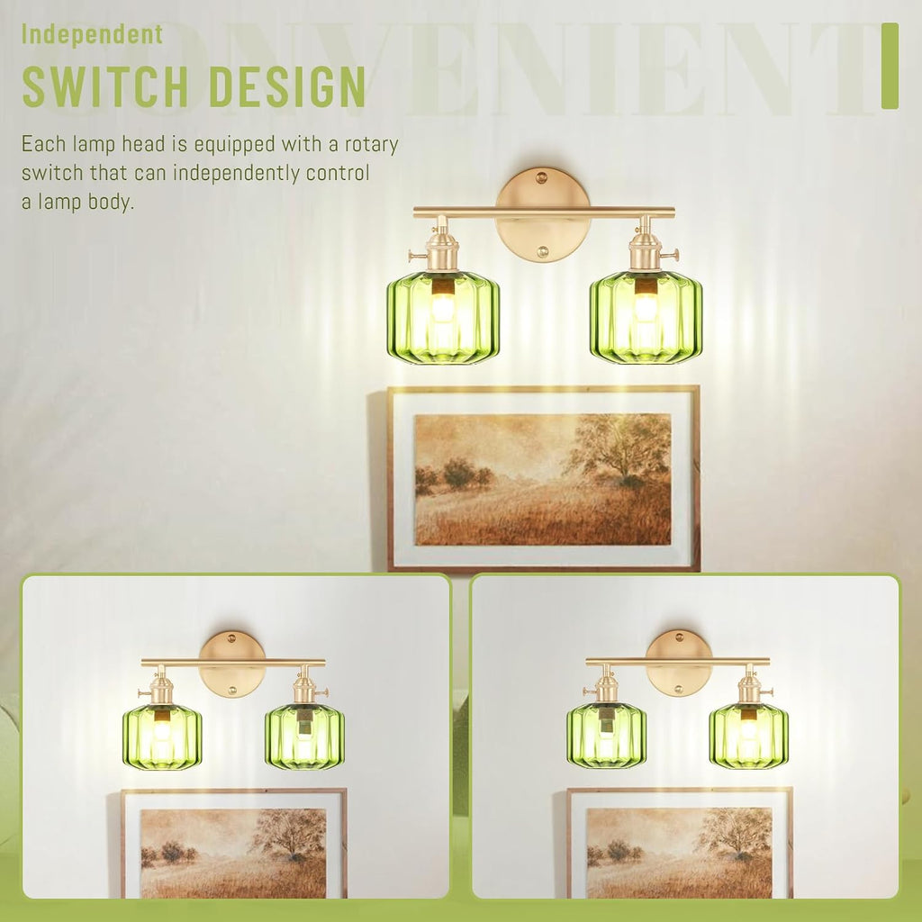 Bathroom Vanity Lighting Mid Century Wall Sconce 2-Light Farmhouse Gold Brass Brushed Bathroom Wall Light Fixtures with Green Striped Hand Blown Glass Shade for Bedroom Living Room
