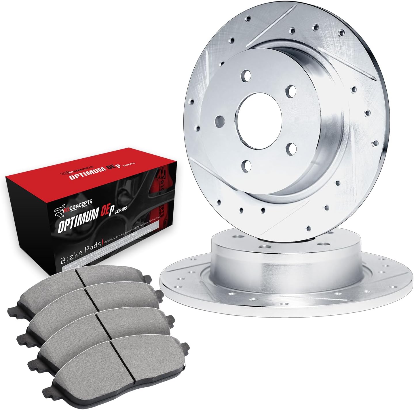 R1 Concepts Rear Brake Kit Fits 2005-2021 Chrysler 300; 2009-2020 Dodge Challenger; 2006-2020 Dodge Charger; 2005-2008 Dodge Magnum| Optimum Oep Brake Pads and Drilled Slotted Brake Rotors| 12.6' Rear