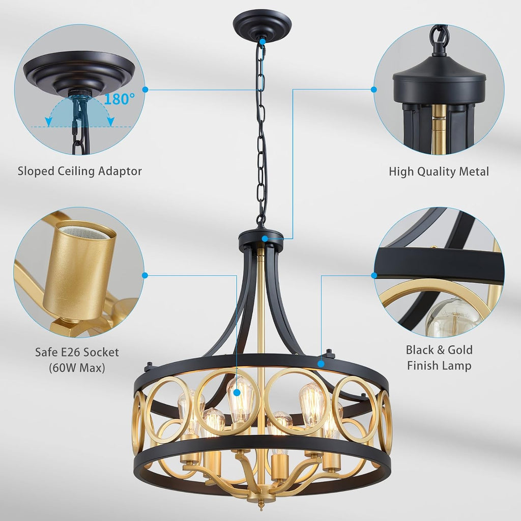 XINGQI 22' Black Gold Chandeliers for Dining Room Drum 6-Light Modern Pendant Lighting Fixture Over Table Rustic Metal Round Adjustable Height Hanging Lamp for Living Room Kitchen Island