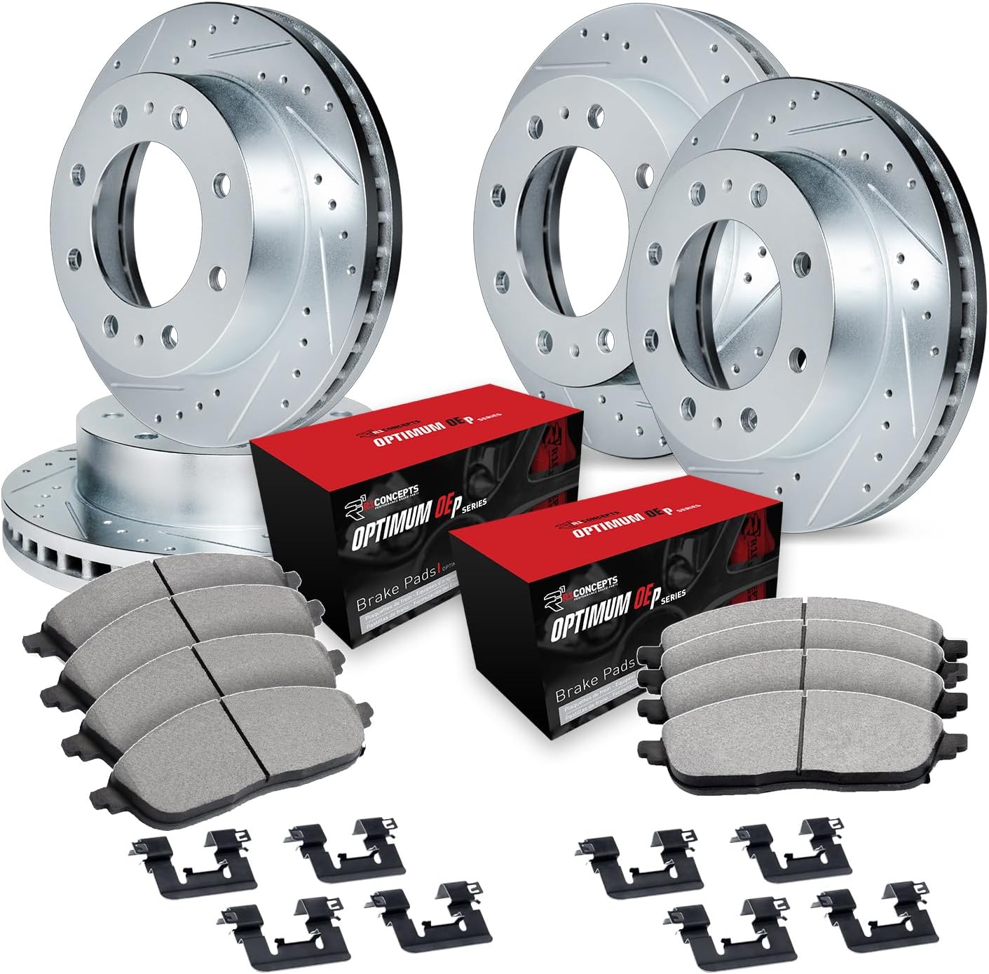 R1 Concepts Front and Rear Brake Kit Fits 2009-2010 Dodge Ram 2500, Ram 3500; 2011-2018 Ram 2500, 3500| Optimum Oep Pads, Drilled Slotted Rotors| Hardware| 14.2' Front & 14.1' Rear
