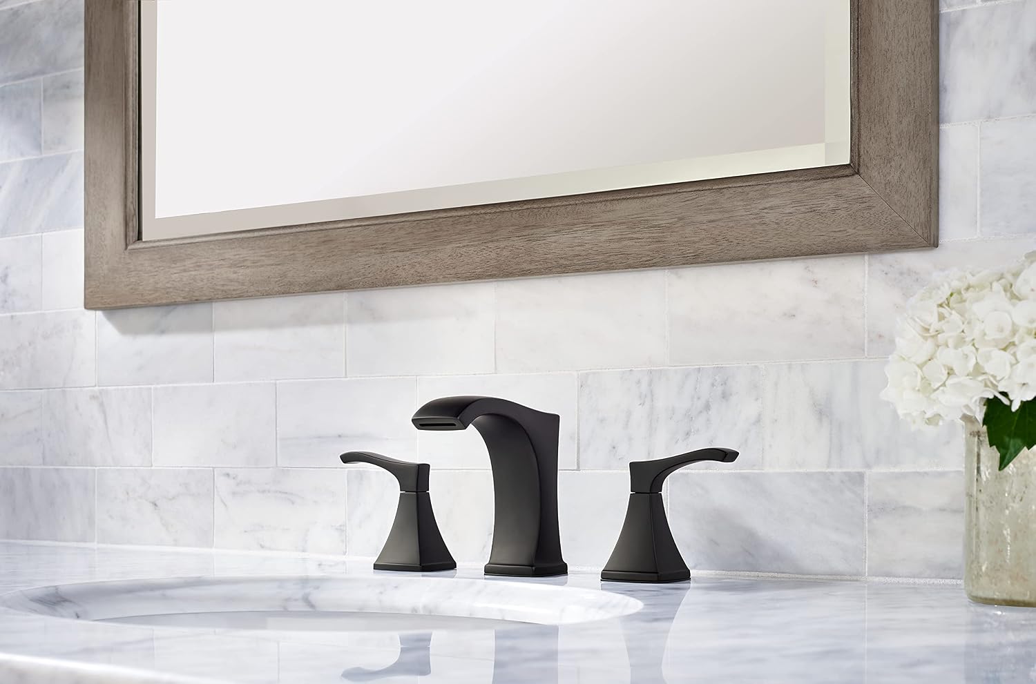 Pfister Venturi Bathroom Sink Faucet 8 in Widespread 3 Hole Matte Black Finish with 2 Handle Push & Seal Drain WaterSense Certified Vanity Faucet LF049VNBB