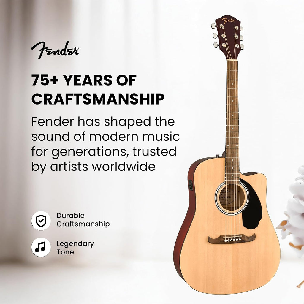 Fender FA-125CE Dreadnought Cutaway Acoustic-Electric Guitar - Natural Bundle with Gig Bag, Tuner, Strap, Strings, Picks, and Austin Bazaar Instructional DVD