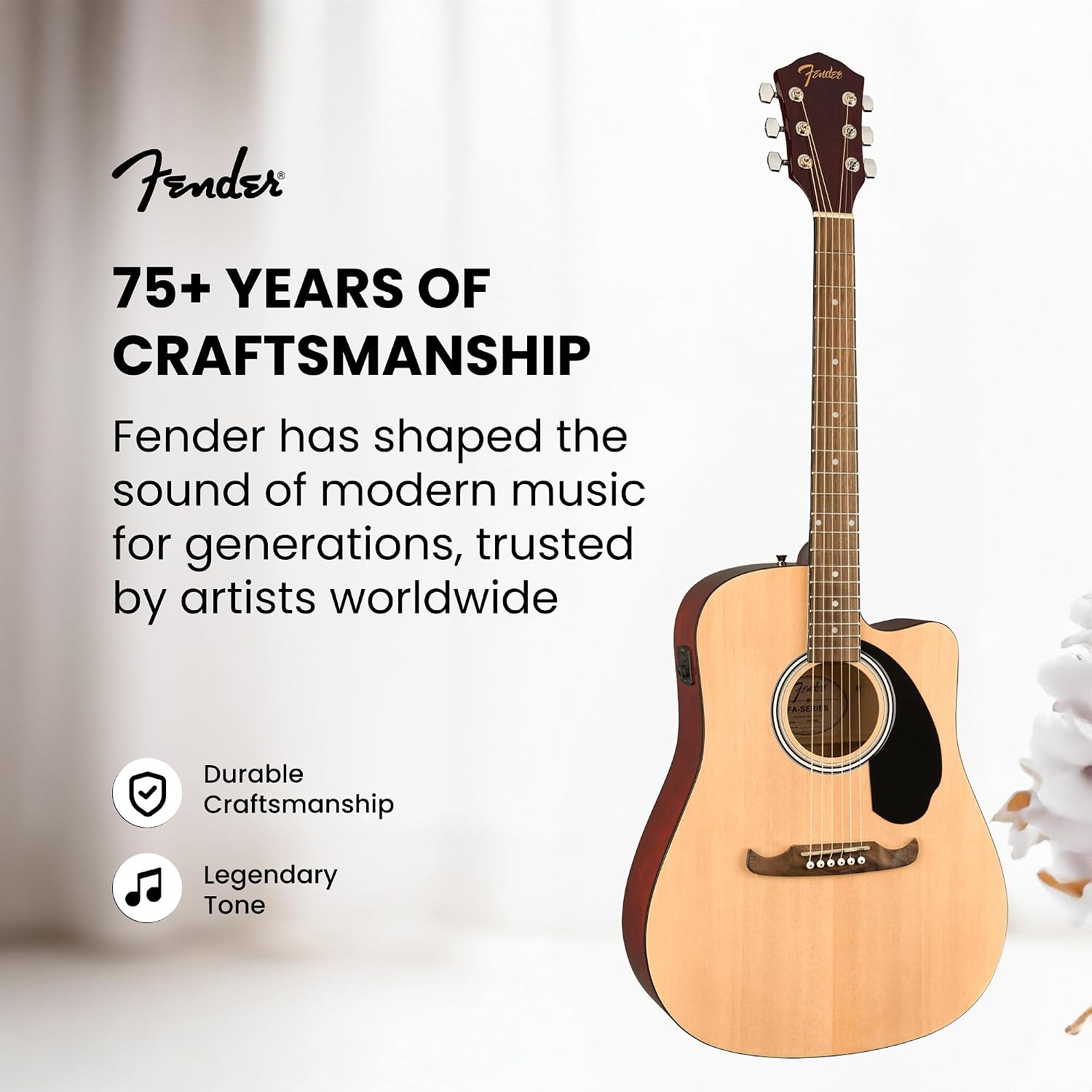 Fender FA-125CE Dreadnought Cutaway Acoustic-Electric Guitar - Natural Bundle with Gig Bag, Tuner, Strap, Strings, Picks, and Austin Bazaar Instructional DVD