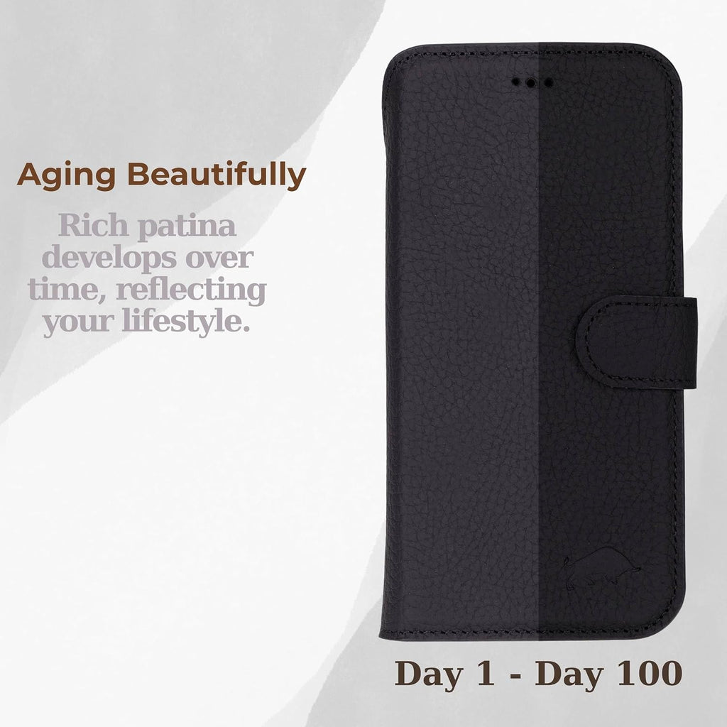 VENOULT Leather Wallet Case for iPhone 17 Pro Max, Full Grain Genuine Leather, Magnetic Detachable, 4 Card Holder, Buesiness Style, Compatible with MagSafe, RFID, Handmade (Pebble Black)