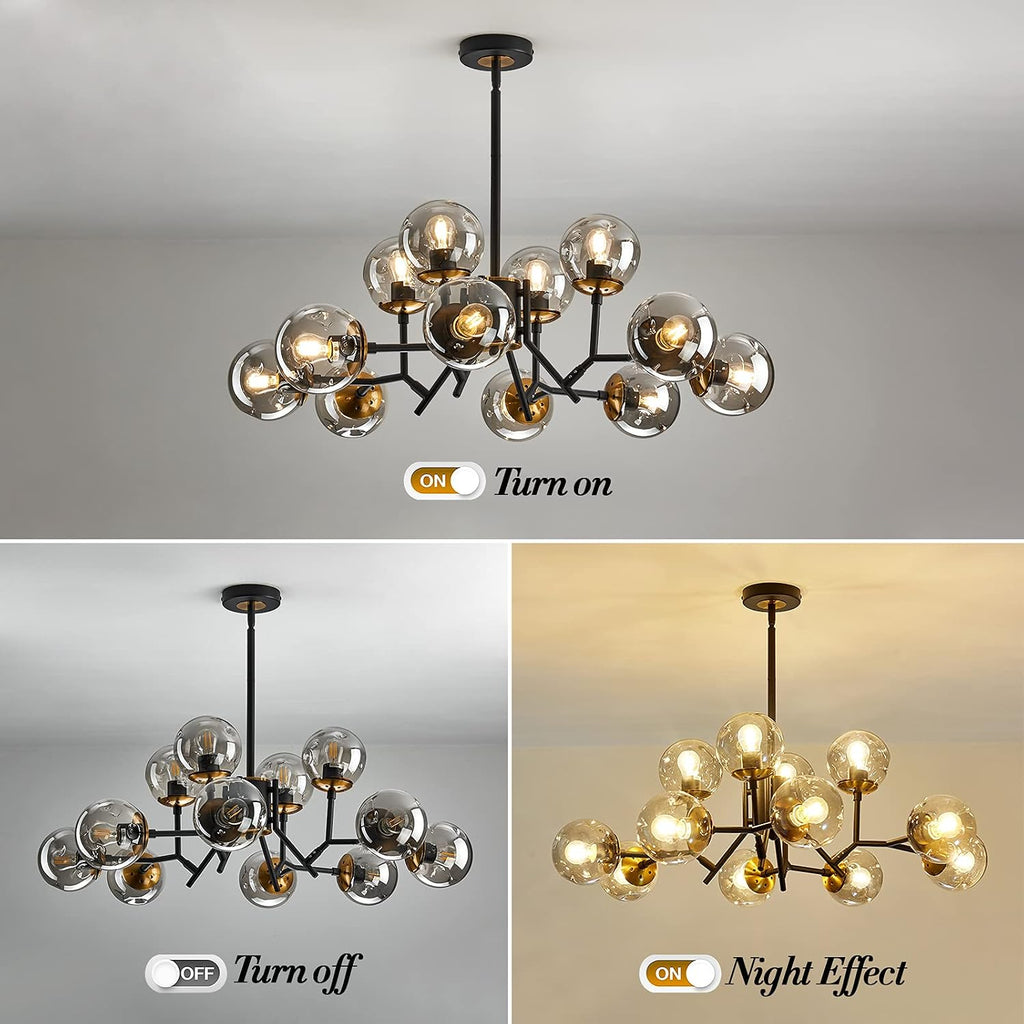 UOFUS 12-Light Glass Globe Sputnik Chandelier Mid-Century Modern Matte Black and Gold Ceiling Light Fixture Vintage Hanging Pendant Light for Bedroom Living Room Kitchen Farmhouse Dining Room