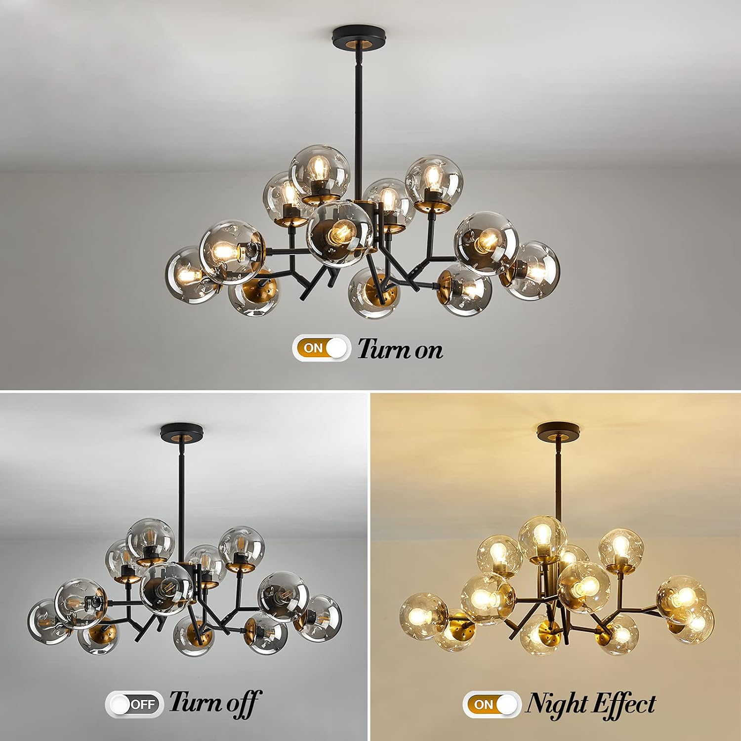 UOFUS 12-Light Glass Globe Sputnik Chandelier Mid-Century Modern Matte Black and Gold Ceiling Light Fixture Vintage Hanging Pendant Light for Bedroom Living Room Kitchen Farmhouse Dining Room