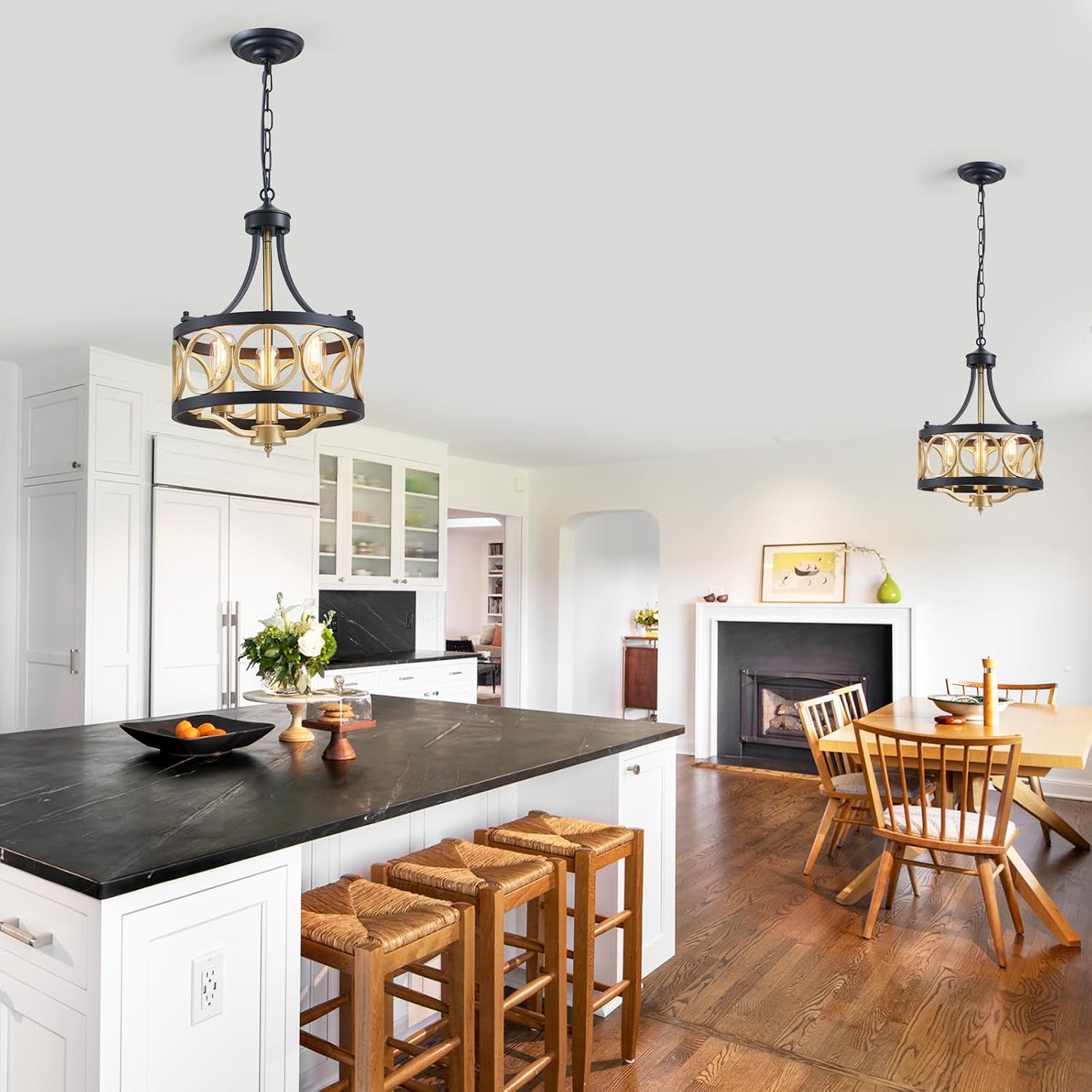 XINGQI 12.6' Modern Farmhouse Chandelier 13 Inch Black Gold Chandeliers Small Drum Dining Room Light Fixture 3-Light Rustic Metal Pendant Lamp for Entryway Bedroom Hallway E26 Base