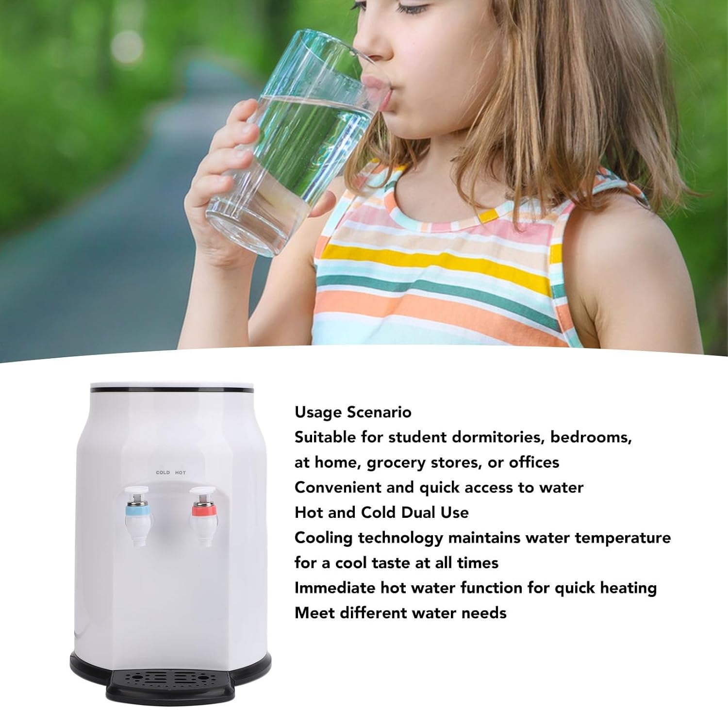 Hot Cold Water Dispenser, Dual Use Stainless Steel Countertop Cooler Dispenser for Home Dorm Office with Removable Water Tray
