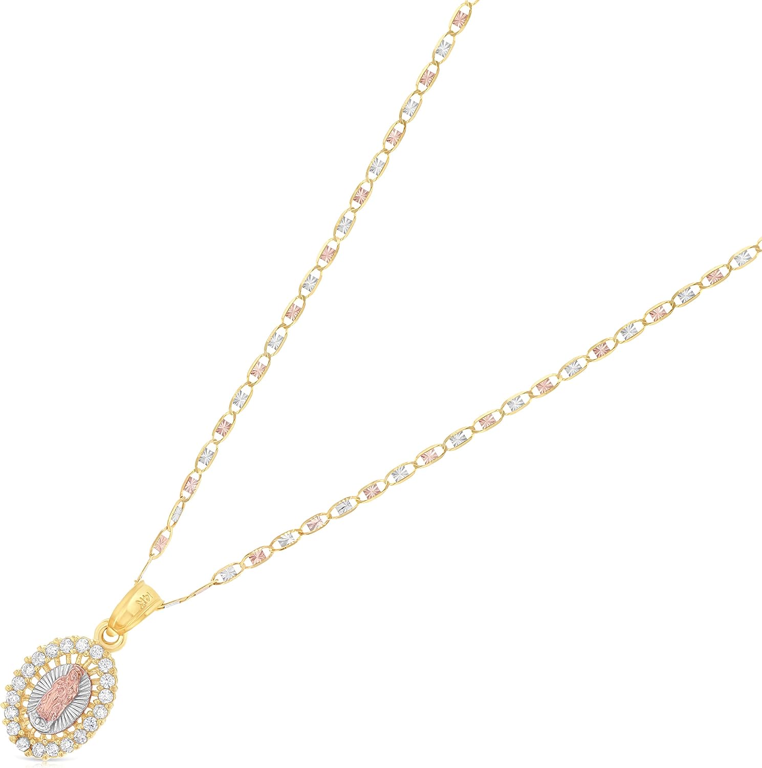 Ioka 14K Yellow Gold Our Lady of Guadalupe Cubic Zirconia CZ Charm Pendant with 1.5mm Valentino Chain Necklace