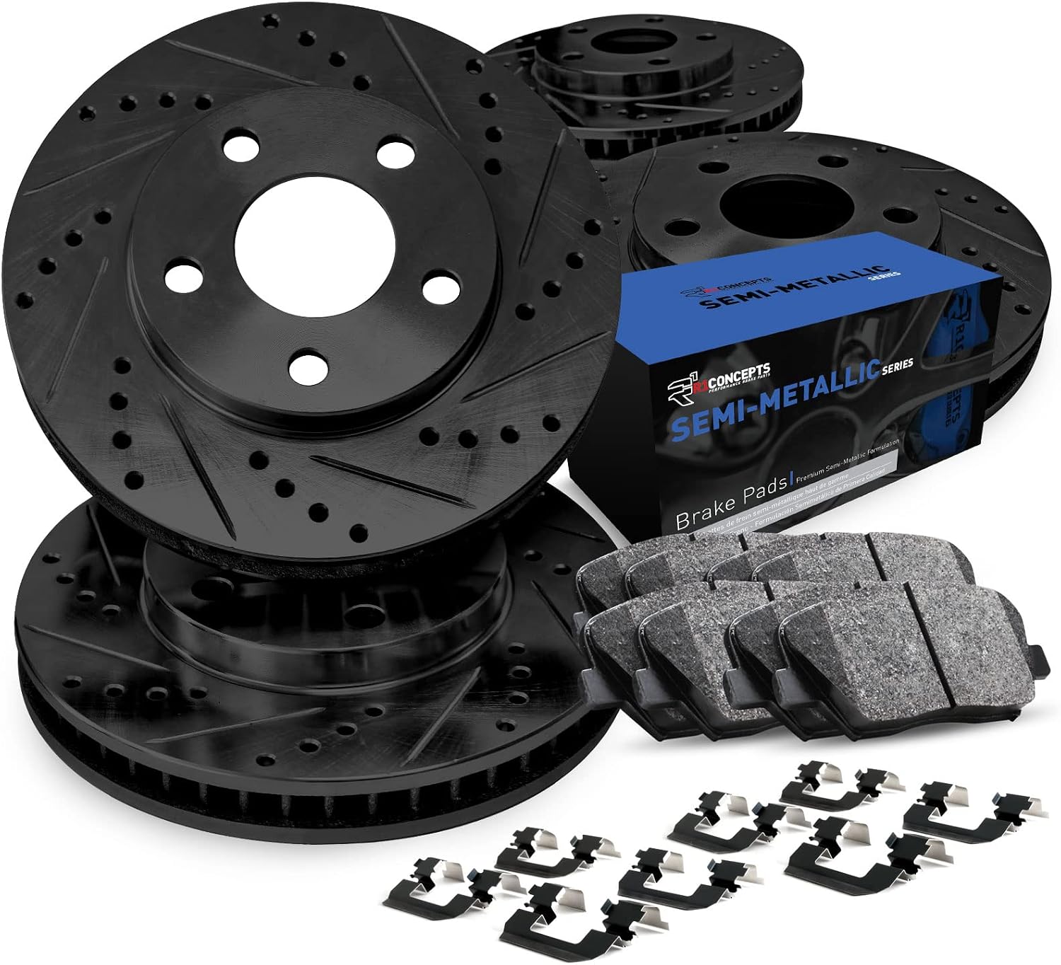 R1 Concepts Front and Rear Brake Kit Fits 2002-2006 Audi A4| Semi Met Pads, Drilled Slotted Rotors| Hardware| 11.3' Front & 9.6' Rear