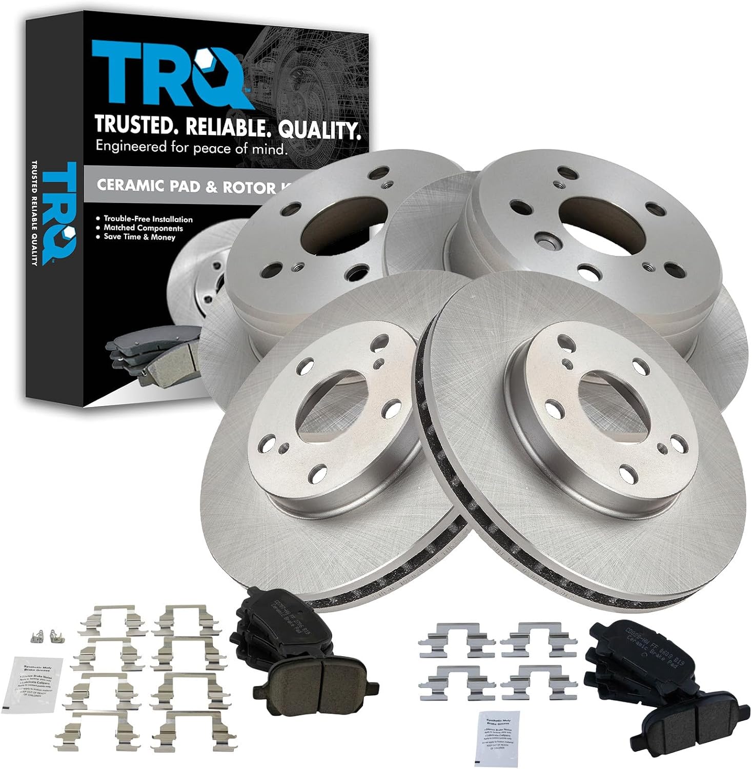 TRQ Front and Rear Brake Pad and Rotor Set Ceramic Vented Solid Rotors Compatible with 2000-2001 Toyota Camry 1999-2003 Solara