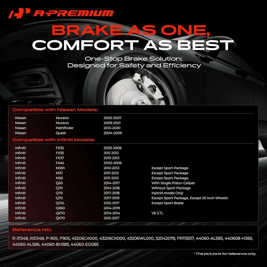 A-Premium 12.13 inch (308.10mm) Rear Vented Disc Brake Rotors + Ceramic Pads kit Compatible with Select Infiniti and Nissan Models - FX35, Q50, QX70, JX35, M35H, M37, M56, Q60, Murano, Pathfinder