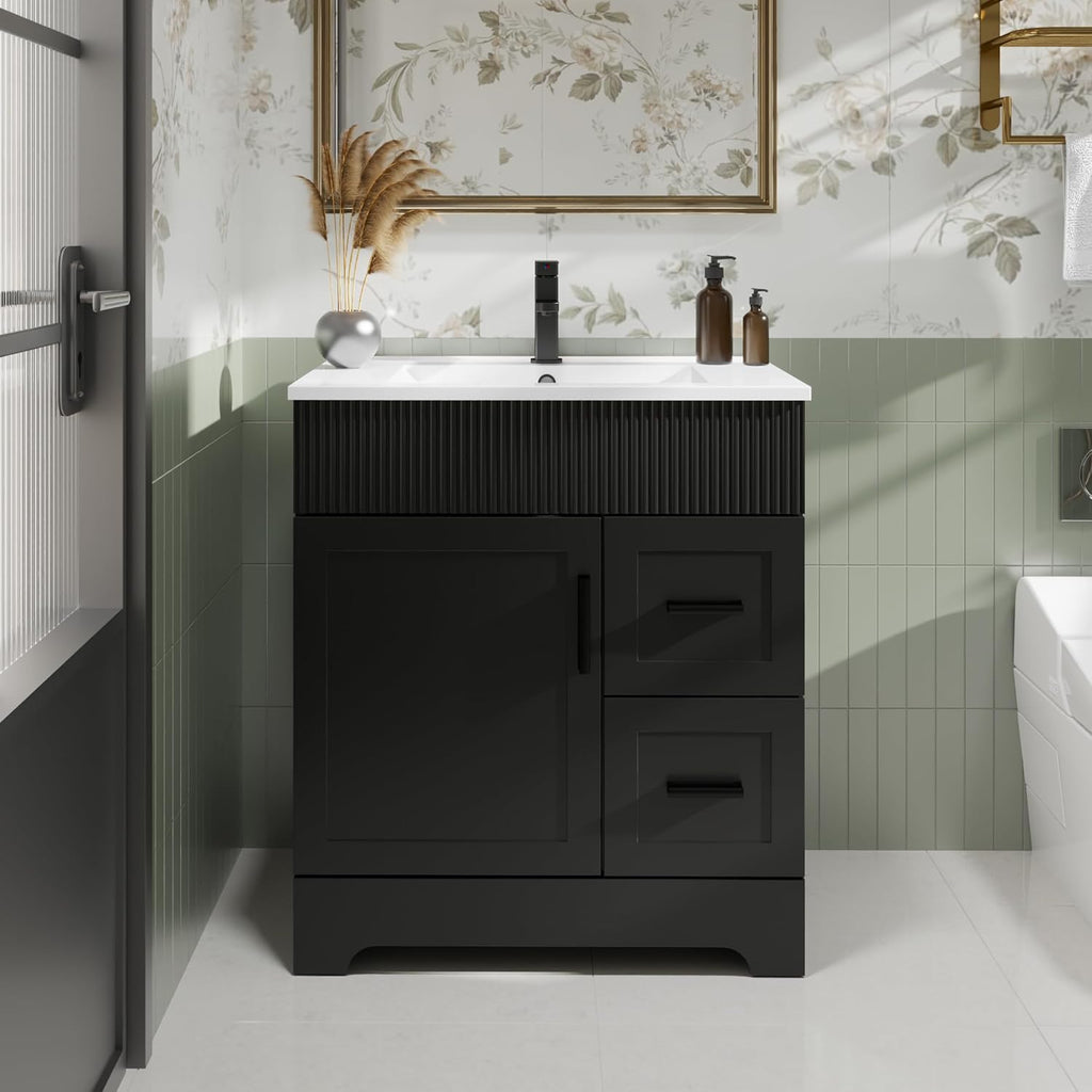 eclife 30' Bathroom Vanities Sink Combo with Painted Surface, Modern Drawered Cabinet W/Decorative Wave Lines, Undermount Single White Sink, Matte Black Faucet Drain, Black