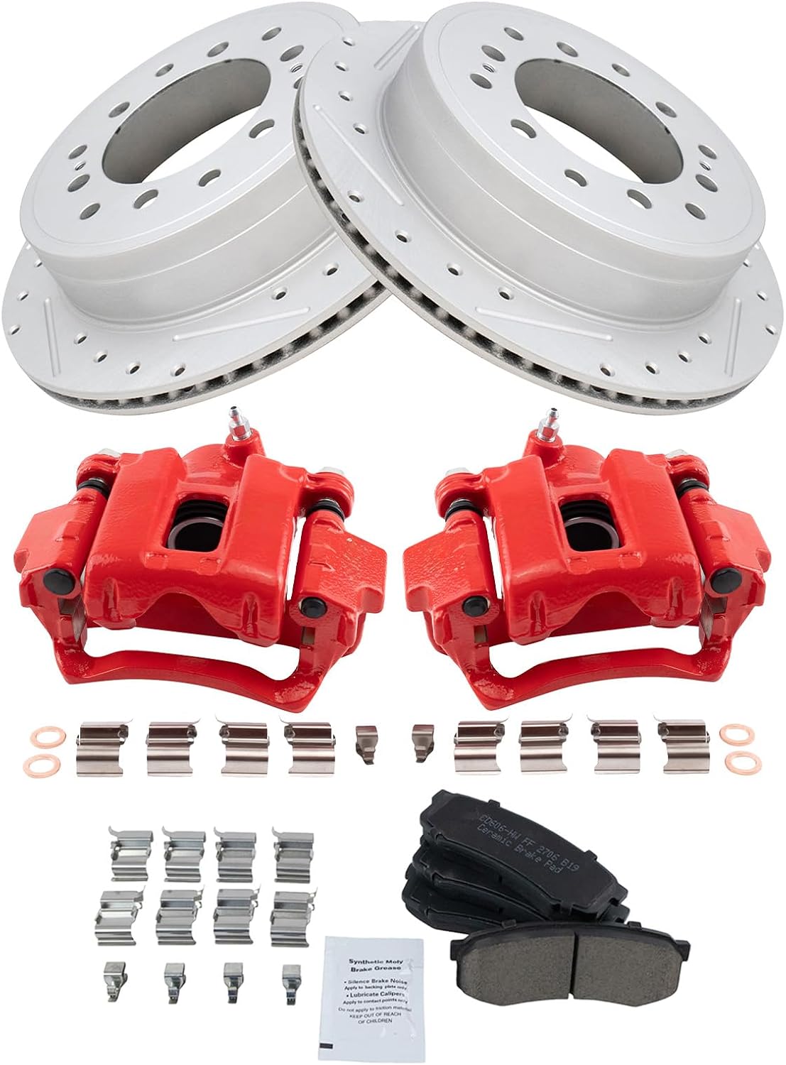 TRQ Performance Rear Brake Pad and Rotor Set Ceramic Drilled Slotted Coated Rotors Calipers Red Compatible with 2010-2014 Toyota FJ Cruiser
