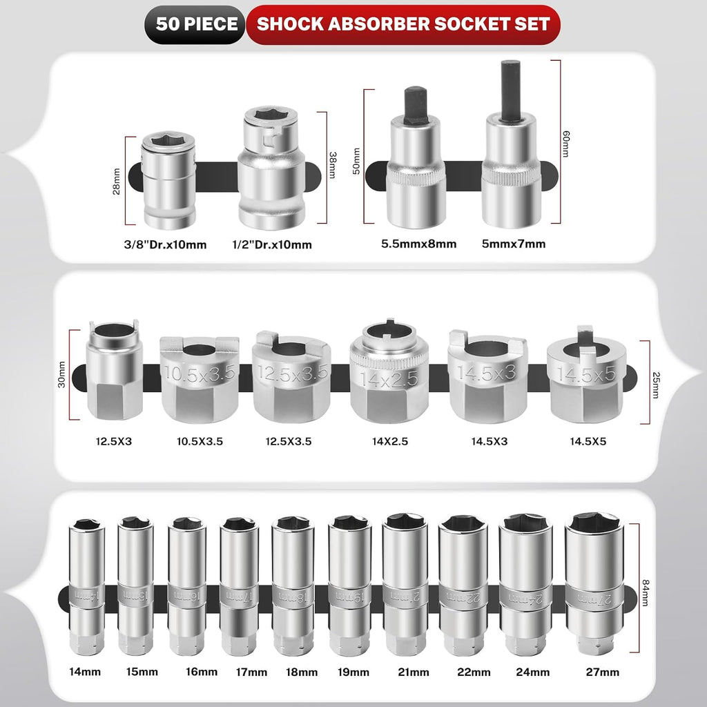 BILITOOLS 50PCS Shock Absorber Strut Nut Socket Set | Master Suspension Tool, Strut Top Mount Nut Removal & Install, Automotive Use, with Ratchet Adaptors