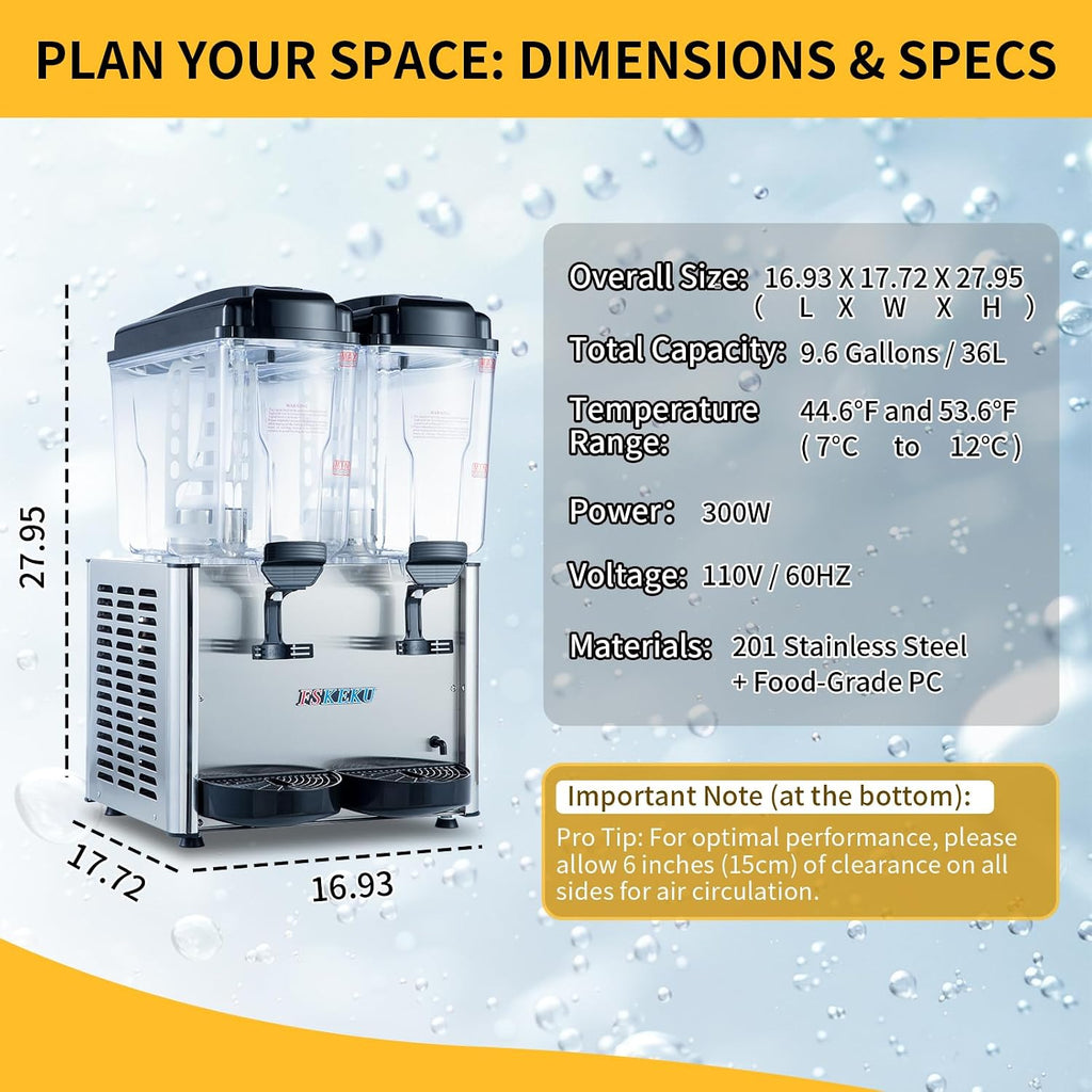 Commercial Beverage Dispenser, 36L Dual-Tank 300W Refrigerated Cooler | Maintains 45-54°F with independent cooling and mixing controls, stainless steel body, and removable tanks.
