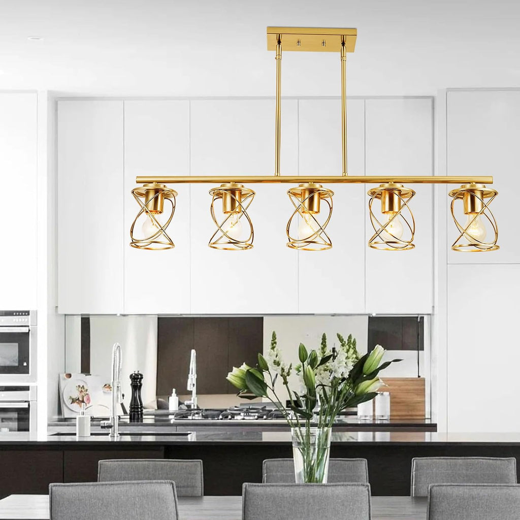 mavcadonf Kitchen Island Light, 5-Light Dining Room Lighting Fixtures Hanging, Farmhouse Linear Pendant Light for Kitchen Island Table Living Room with Adjustable Rods, Brushed Gold