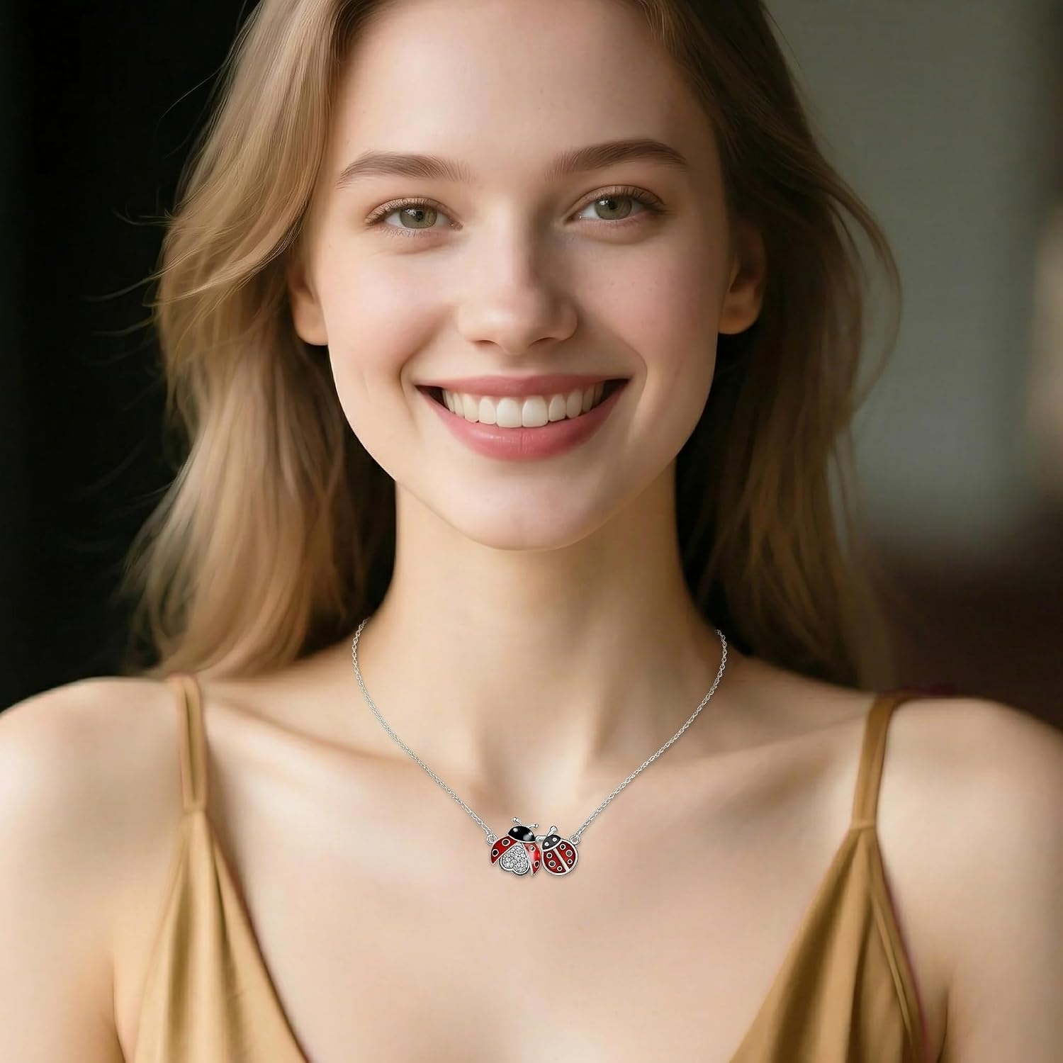 Diamond Ladybug Necklace for Women 925 Sterling Silver Lab Grown Diamond Double Ladybug Pendant Necklace Jewelry Gift for Her