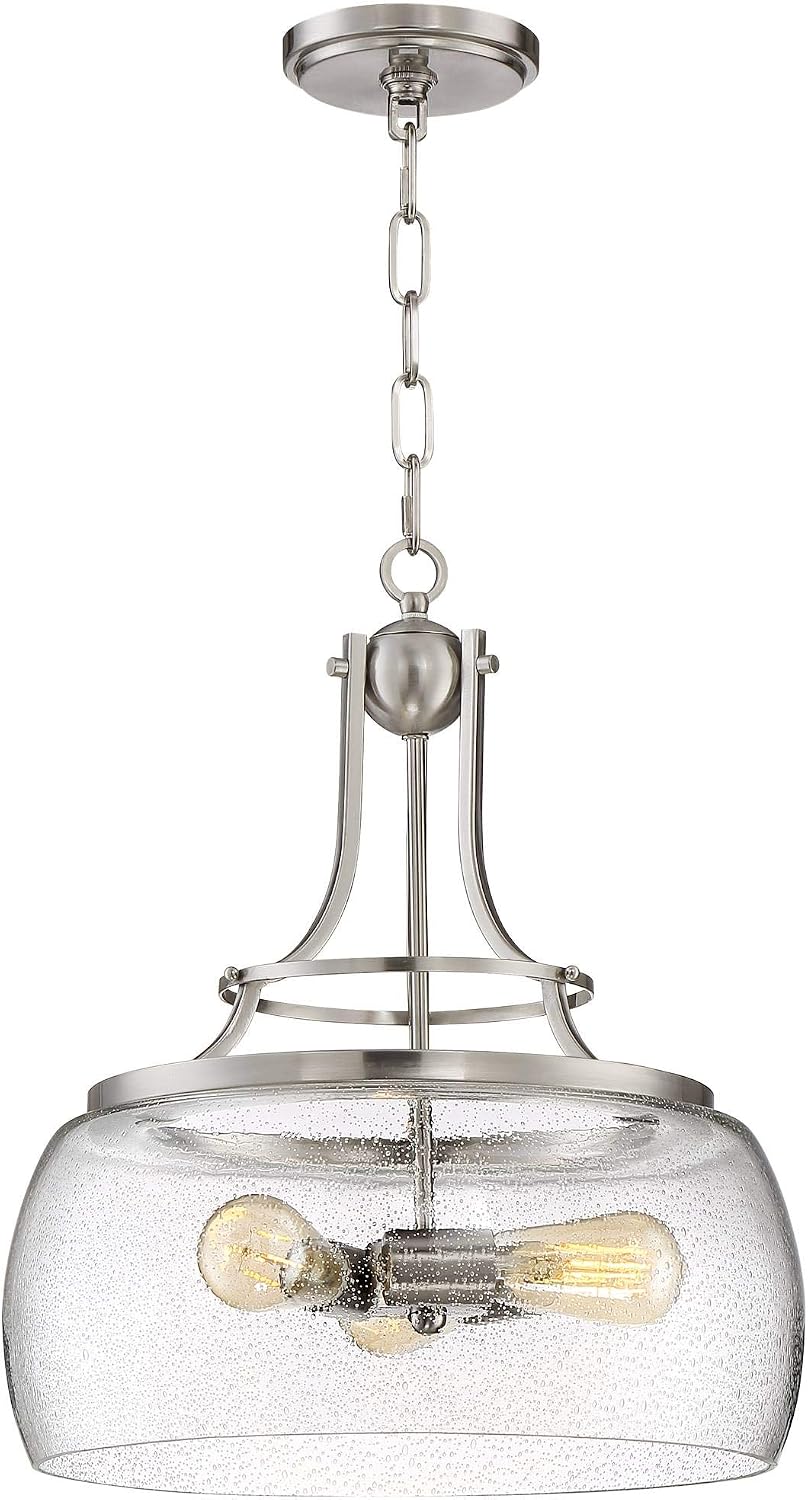 Franklin Iron Works Charleston Satin Nickel Pendant Chandelier 16' Wide Rustic Farmhouse Seeded Clear Glass LED 3-Light Fixture for Dining Room House Foyer Entryway Kitchen Bedroom Living Room