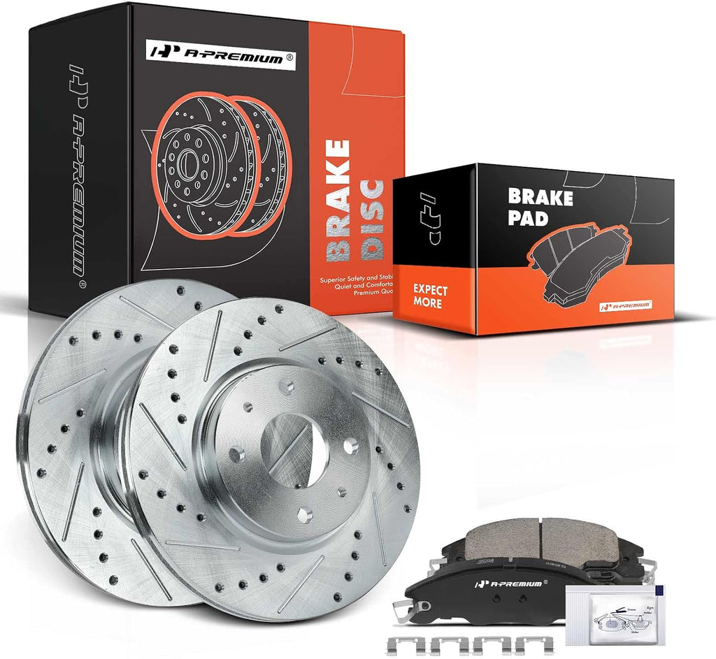 A-Premium 10.83 inch (275mm) Front Drilled and Slotted Disc Brake Rotors + Ceramic Pads Kit Compatible with Select Ford Model - Focus 2008 2009 2010 2011, 2.0L 2.5L, 6-PC Set