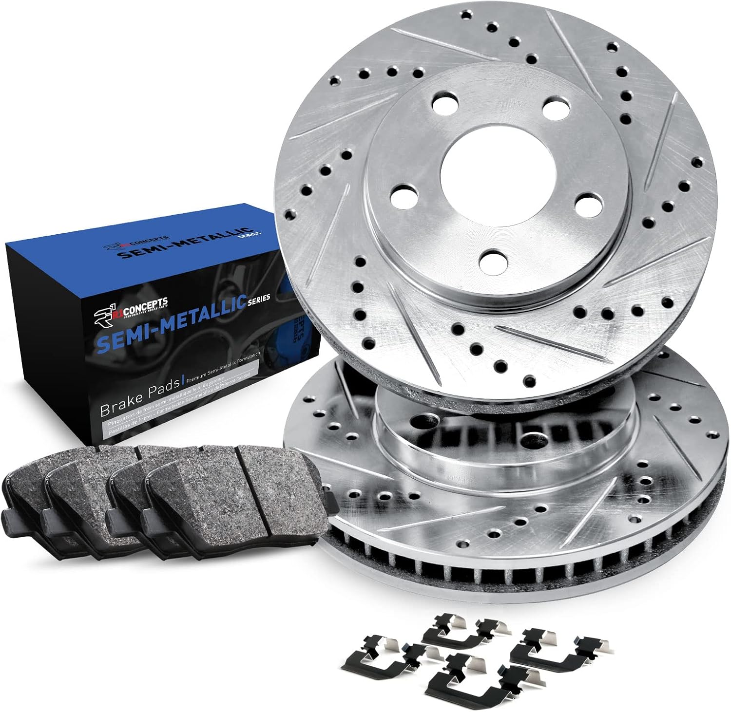 R1 Concepts Rear Brake Kit Fits 2002-2022 Nissan Altima; 2011-2017 Nissan Juke; 2004-2008 Nissan Maxima; 2007-2019 Nissan Sentra| Semi Met Pads, Drilled Slotted Rotors| Hardware| 11.5' Rear