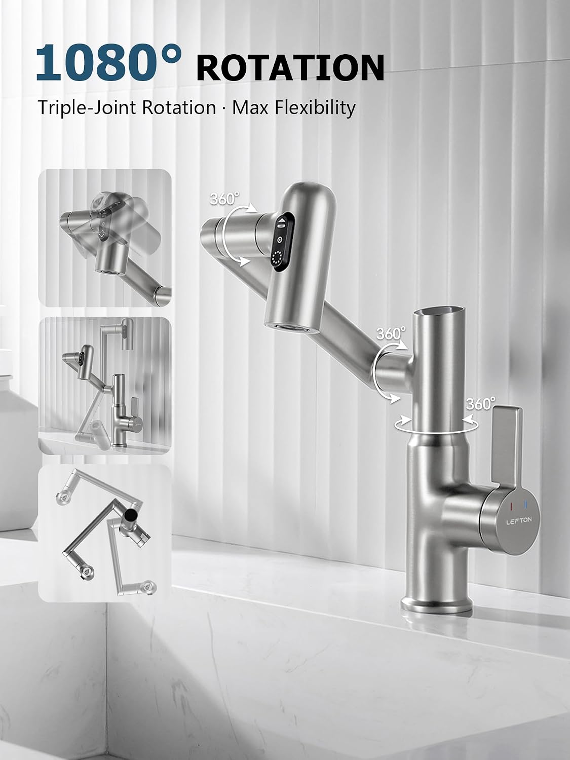 Lefton Rotatable Bathroom Faucet with Temperature Display in Fahrenheit (Batteries-Free), 3 Water Modes, Brushed Nickel, BF2204-0