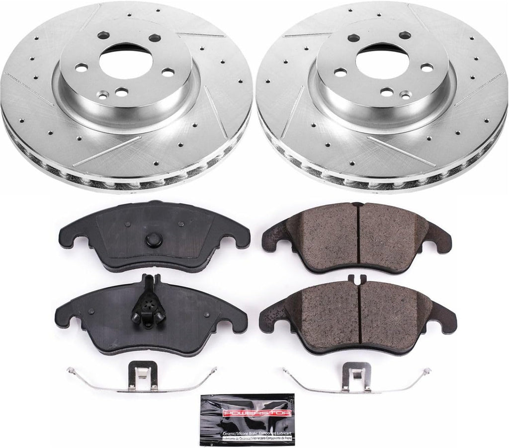 PowerStop Front Brake Kit for Mercedes-Benz C300 2013-14 |C350 2008-15 |E250 2014-16 |E350 2010-16 - Drilled and Slotted Disc Rotors with Carbon-Fiber Ceramic Brake Pads Replacement, K5792
