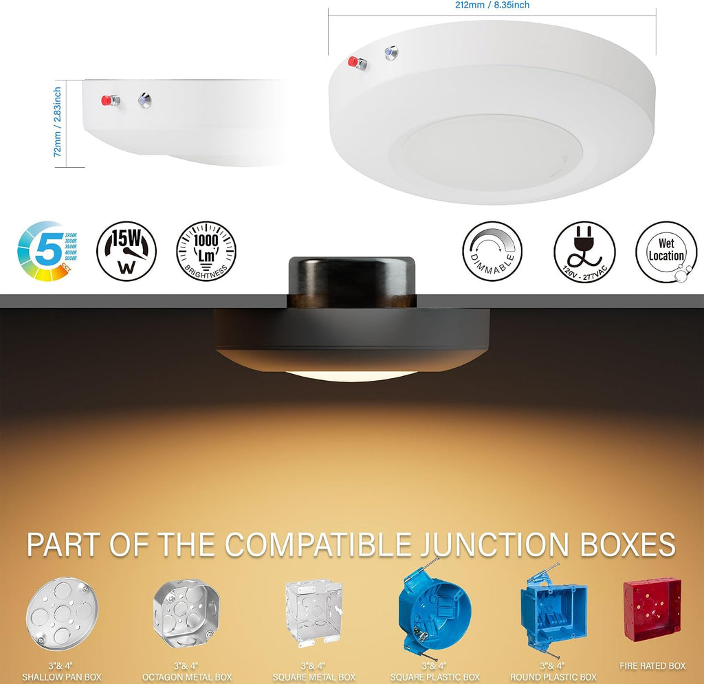 6 Inch LED Emergency Disk Light Kit with Battery Backup, Ceiling Mount Emergency Lights, Dimmable, 120-277V, 15W, 1000lm, CRI90, 5CCT Selectable, ETL & Wet Rated, White, 4 Packs