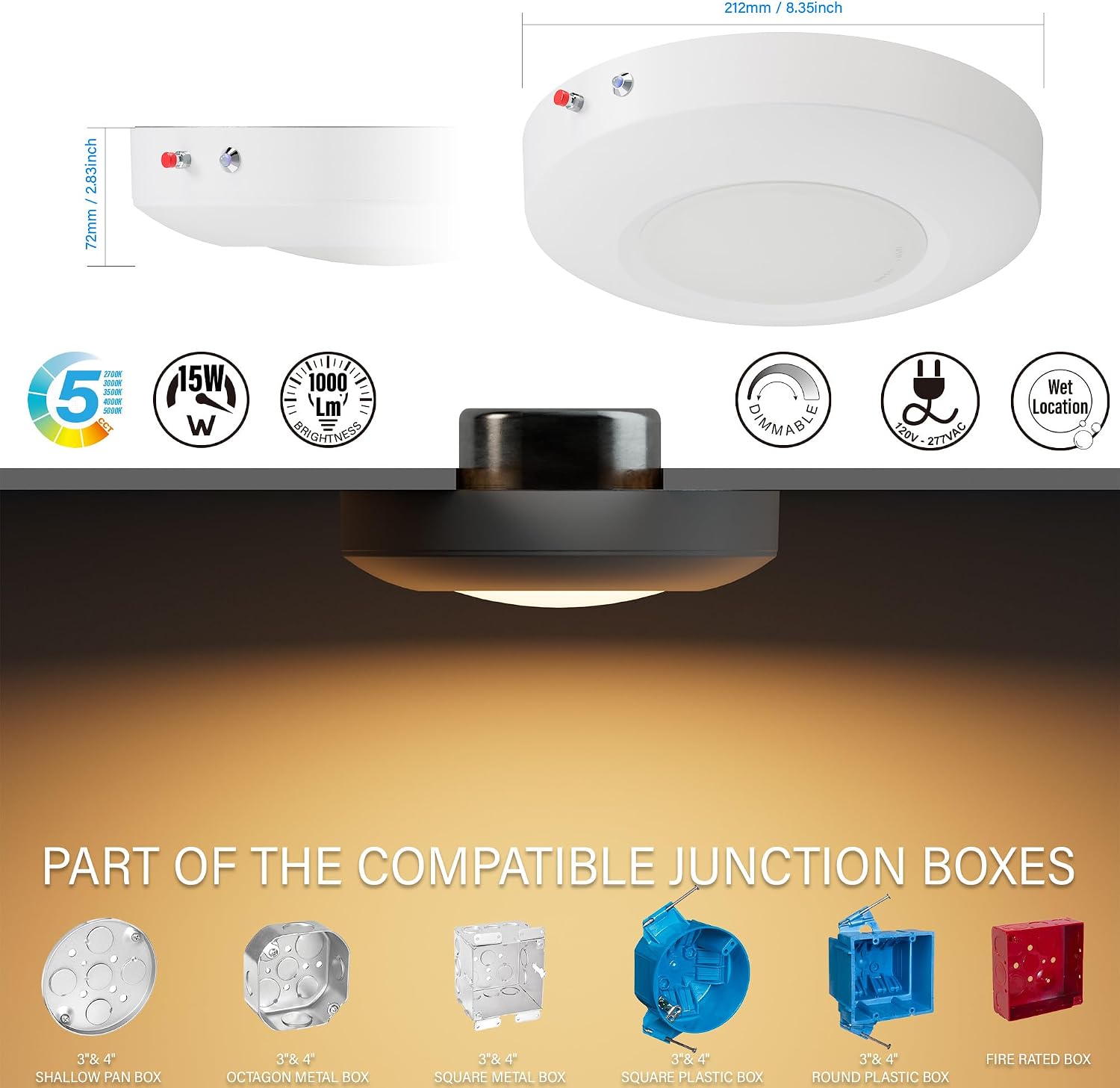 6 Inch LED Emergency Disk Light Kit with Battery Backup, Ceiling Mount Emergency Lights, Dimmable, 120-277V, 15W, 1000lm, CRI90, 5CCT Selectable, ETL & Wet Rated, White, 4 Packs