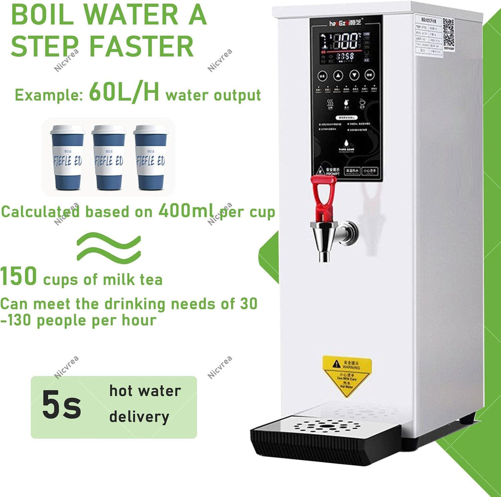 1000W Commercial Hot Water Dispenser Countertop, 25L(6.6Gal) /H Step-Heating Stainless Steel Water Boiler with Temperature Adjust for Boba Tea Office Restaurant Hotel White