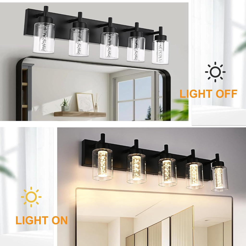 5-Light LED Bathroom Vanity Light Fixtures, Metal Black Finish Bathroom Lighting Over Mirror Interior Wall Lighting Fixtures with Crystal Bulb Clear Glass Shade(LED Bulbs Included)