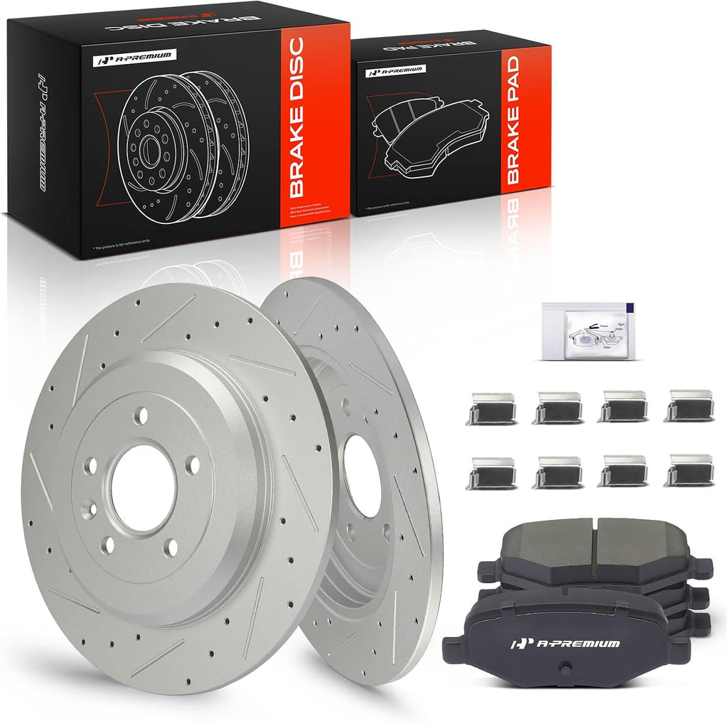 A-Premium 12.99 inch(330mm) Rear Drilled and Slotted Disc Brake Rotors+Ceramic Pads Kit Compatible with Ford & Lincoln Models - Edge/MKX 2011-2012, Explorer 12-19, Flex 09-19, MKS 09-12, Taurus 10-19