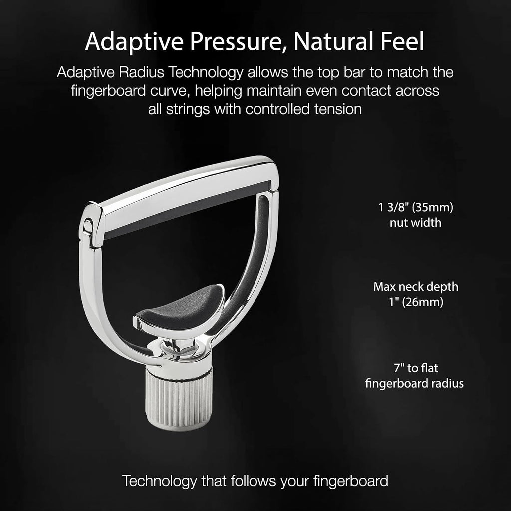 G7th Heritage Silver Banjo Wide Capo S1 - Adjustable Tension Control & Adaptive Radius Technology with Protective Silicone Pads - Yoke-Style Capo for Banjos, UK Design