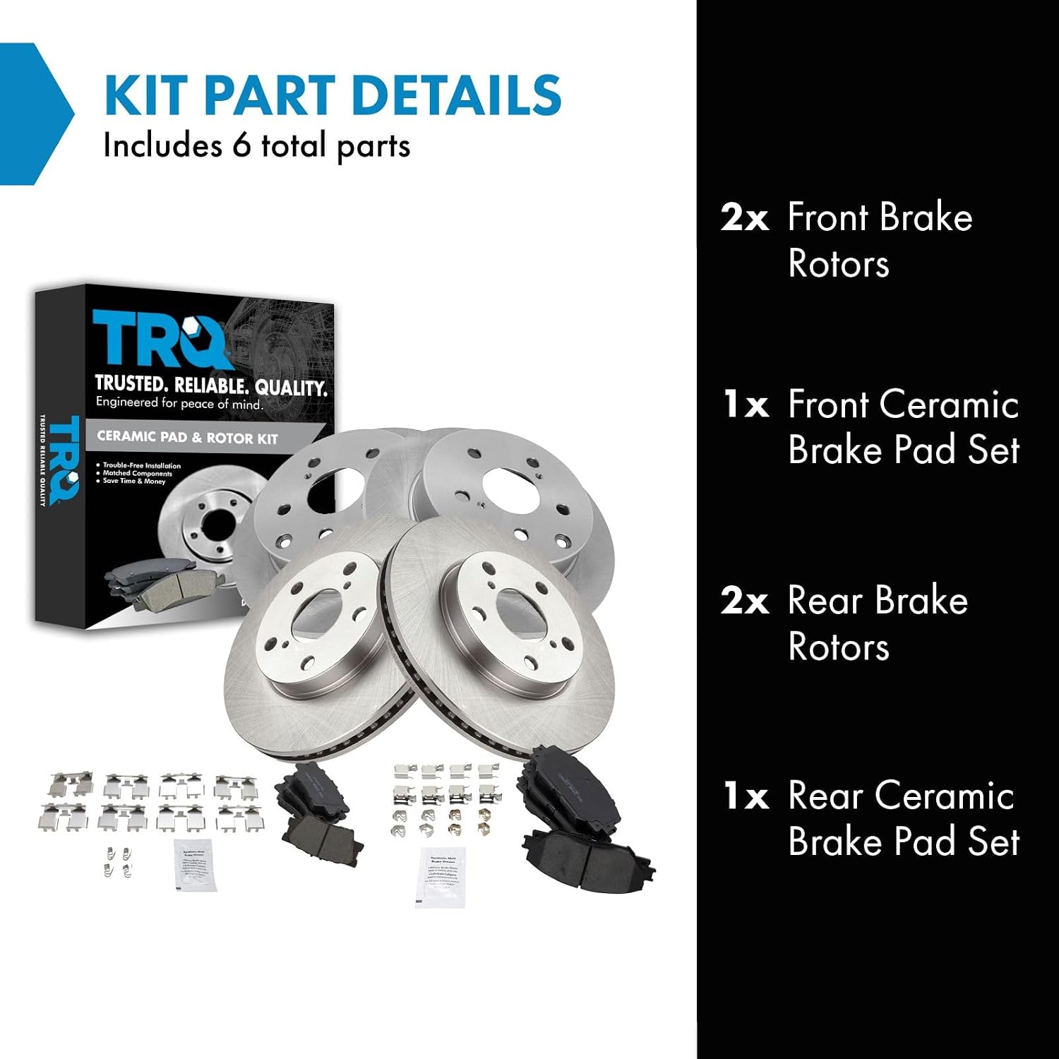 TRQ Front and Rear Brake Pad and Rotor Set Ceramic Vented Solid Rotors Compatible with 2010-2012 Lexus HS250h 2006-2018 Toyota RAV4