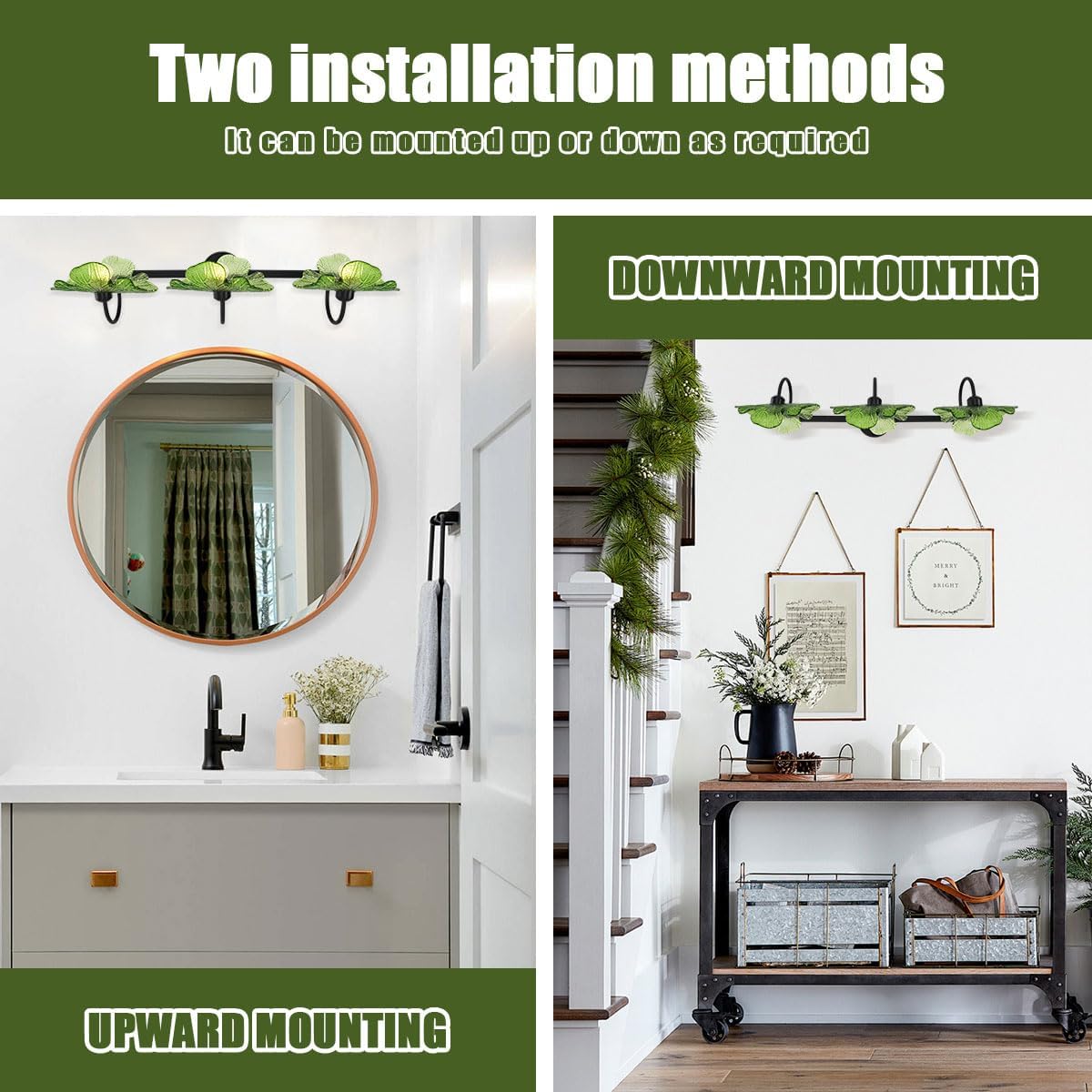 Green Bathroom Vanity Lights Over Mirror, 3 Light Flower Glass Shade Mirror Black Bathroom Sconce Vintage Wall Lighting Fixture mid Century Wall Sconce Light for Bedside Bedroom Doorway