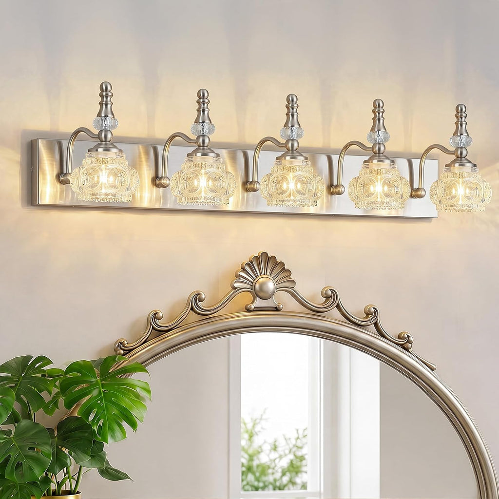 Modern Glass Crystal Vanity Light - Vintage Bathroom Lighting Fixtures Over Mirror, 5 Light Vanity Lights G9 Bulb (35.43 Inch, Nickel)