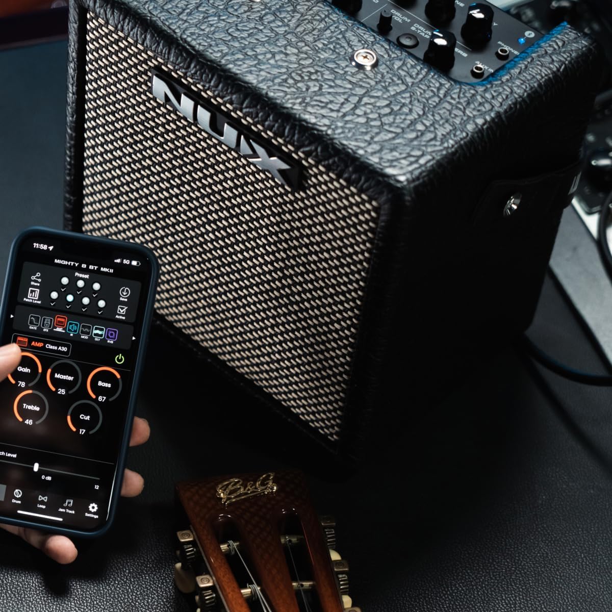 NUX Mighty 8BT MKII 8W Portable Modeling Amp, Acoustic, Electric, Bass Guitar amp Modeling and Cabinet IRs, Bluetooth，36 Default IRs, 6.5' FRFR Speaker,7 Presets, Drum Machine