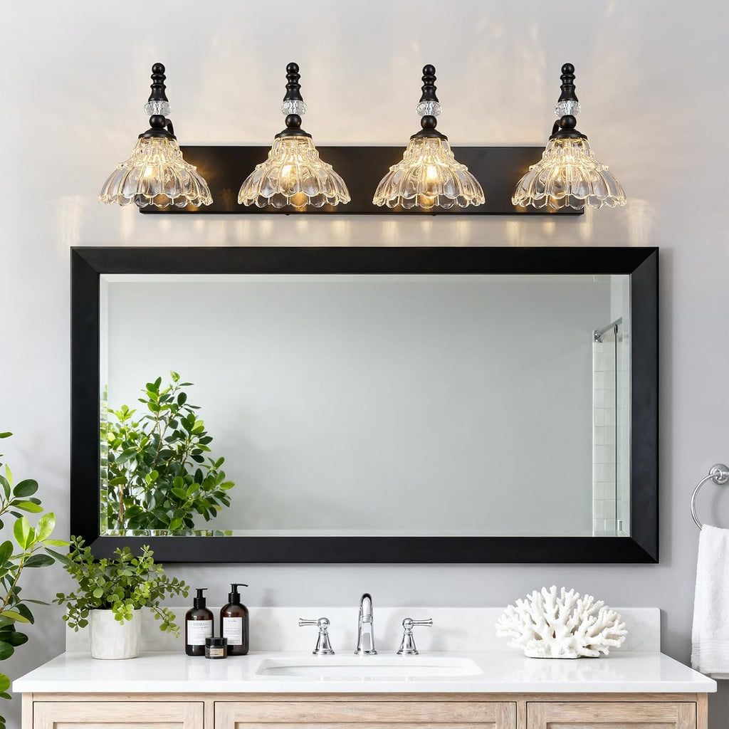 Vintage Bathroom Vanity Light, 4-Light Black Vanity Lighting Fixture with Flower Glass Shade, Bathroom Lighting Fixtures Over Mirror