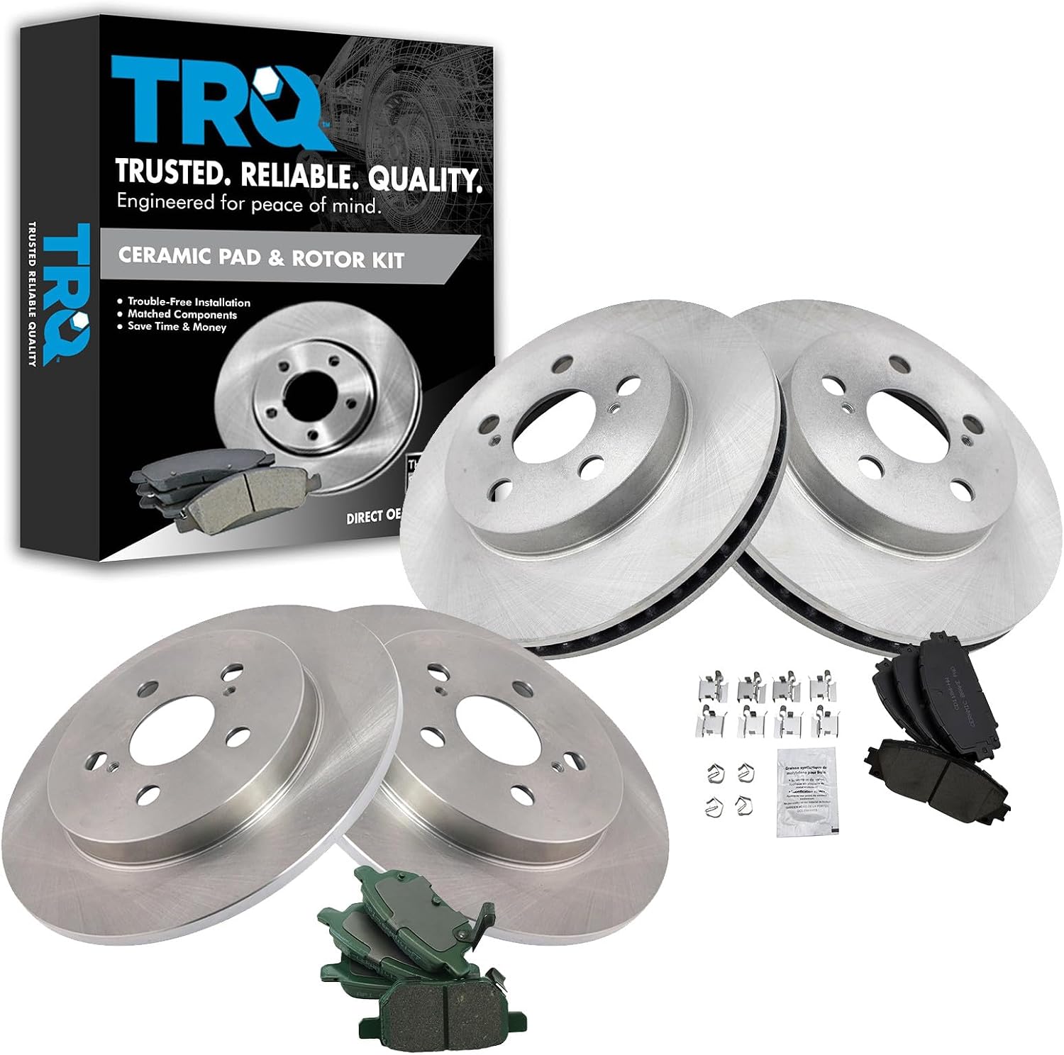 TRQ Front and Rear Brake Pad & Rotor Kit Pads Ceramic Compatible with 2016-2020 Toyota Prius