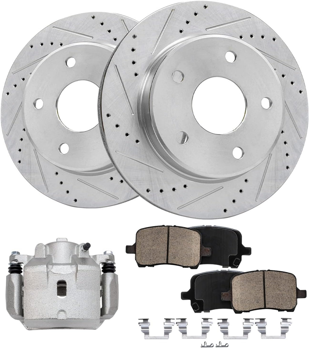Detroit Axle - Front Brake Kit for 04-05 09-12 Chevy Malibu, 06-10 Pontiac G6, 07-09 Saturn Aura, Drilled & Slotted Disc Brake Rotors Ceramic Brakes Pads Left Brake Caliper Replacement: 11.65'' inch
