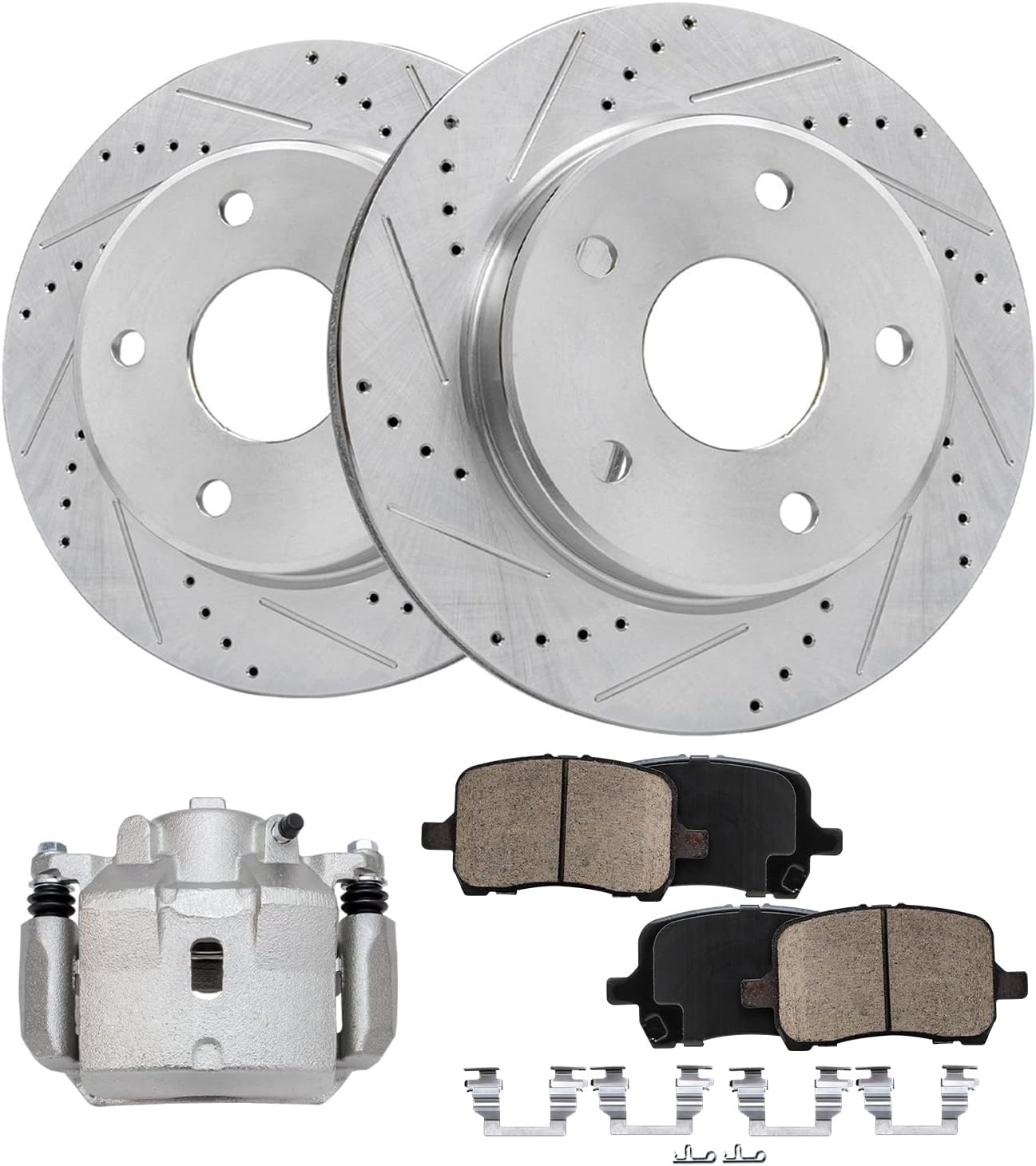 Detroit Axle - Front Brake Kit for 04-05 09-12 Chevy Malibu, 06-10 Pontiac G6, 07-09 Saturn Aura, Drilled & Slotted Disc Brake Rotors Ceramic Brakes Pads Left Brake Caliper Replacement: 11.65'' inch