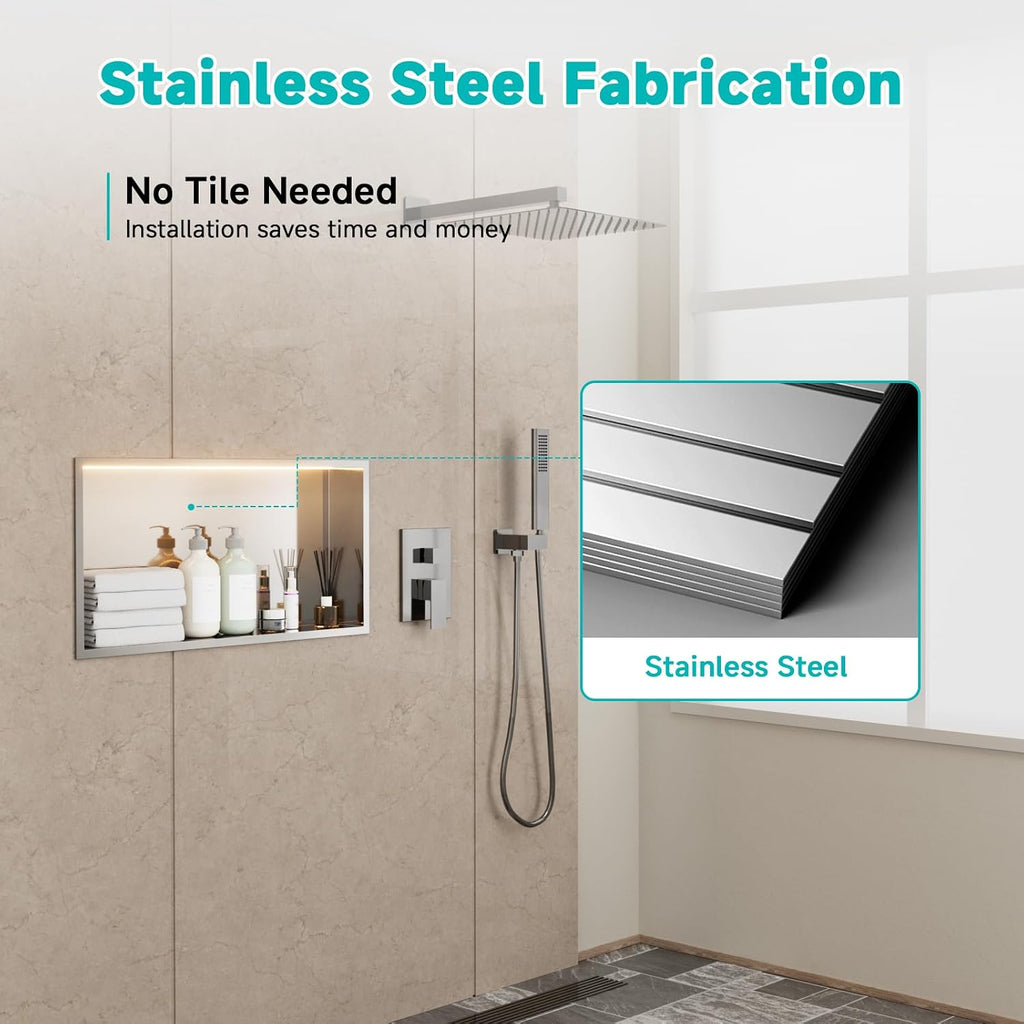 Stainless Steel Shower Niche with LED Lights 12' x 24' Recessed Wall Niche, No Tile Needed Bathroom Storage Shelf (Brushed)