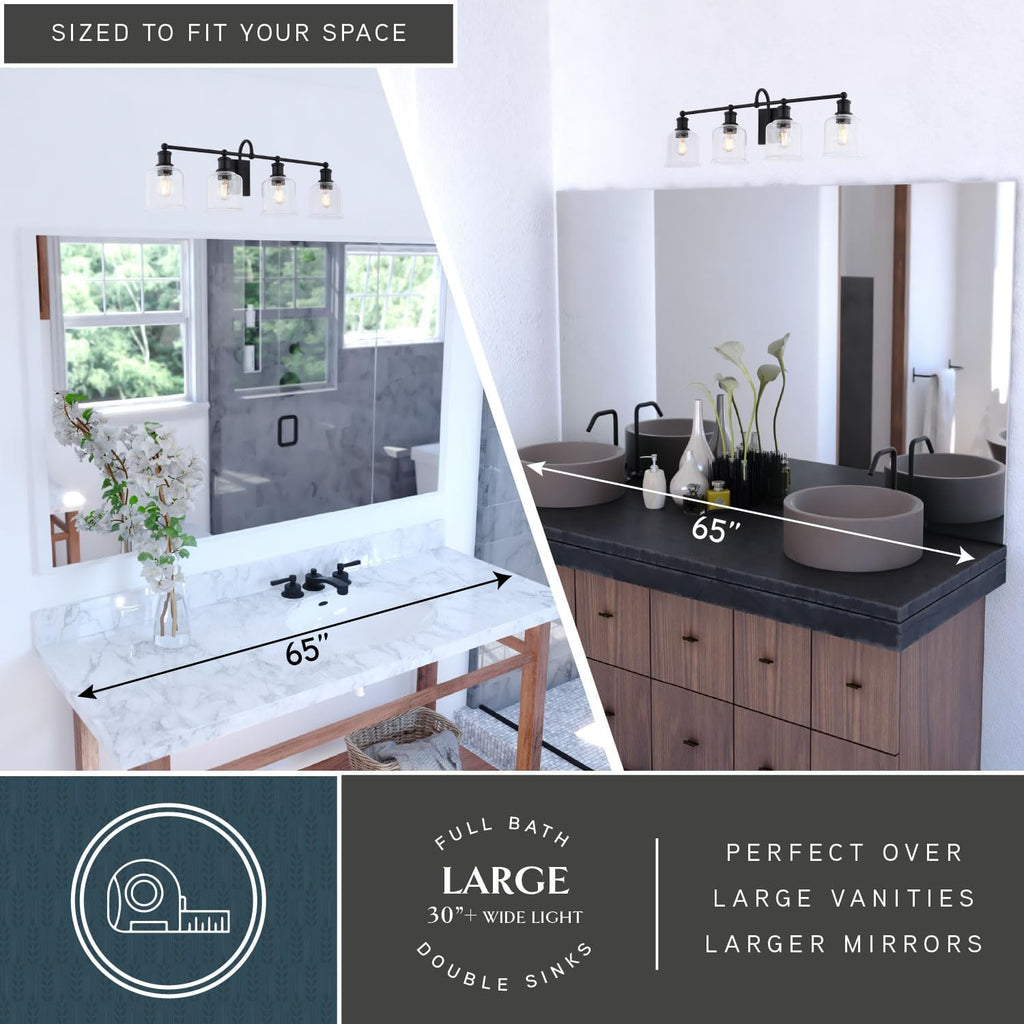 VAXCEL Northbrook 4-Light 32 in. Wide Matte Black Traditional Bathroom Vanity Lighting Fixture, Clear Seeded Glass Shade, Dimmable, LED Compatible, Over the Mirror Mounted Steel Wall Sconce