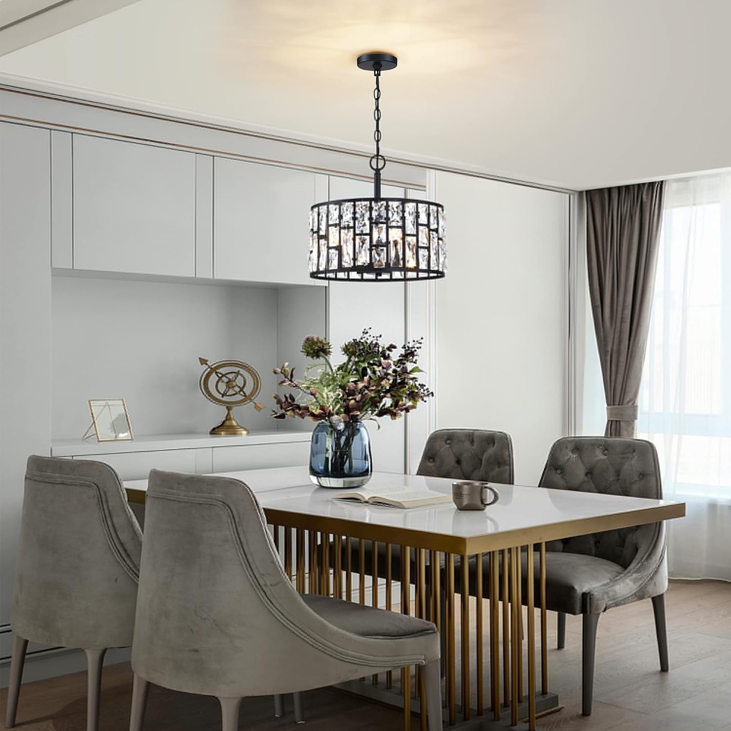 MEXO Farmhouse Crystal Convertible Chandelier and Semi Flush Mount Lighting Black Cylinder Drum Shade Pendant for Kitchen Island Dining Room Bedroom Hallway