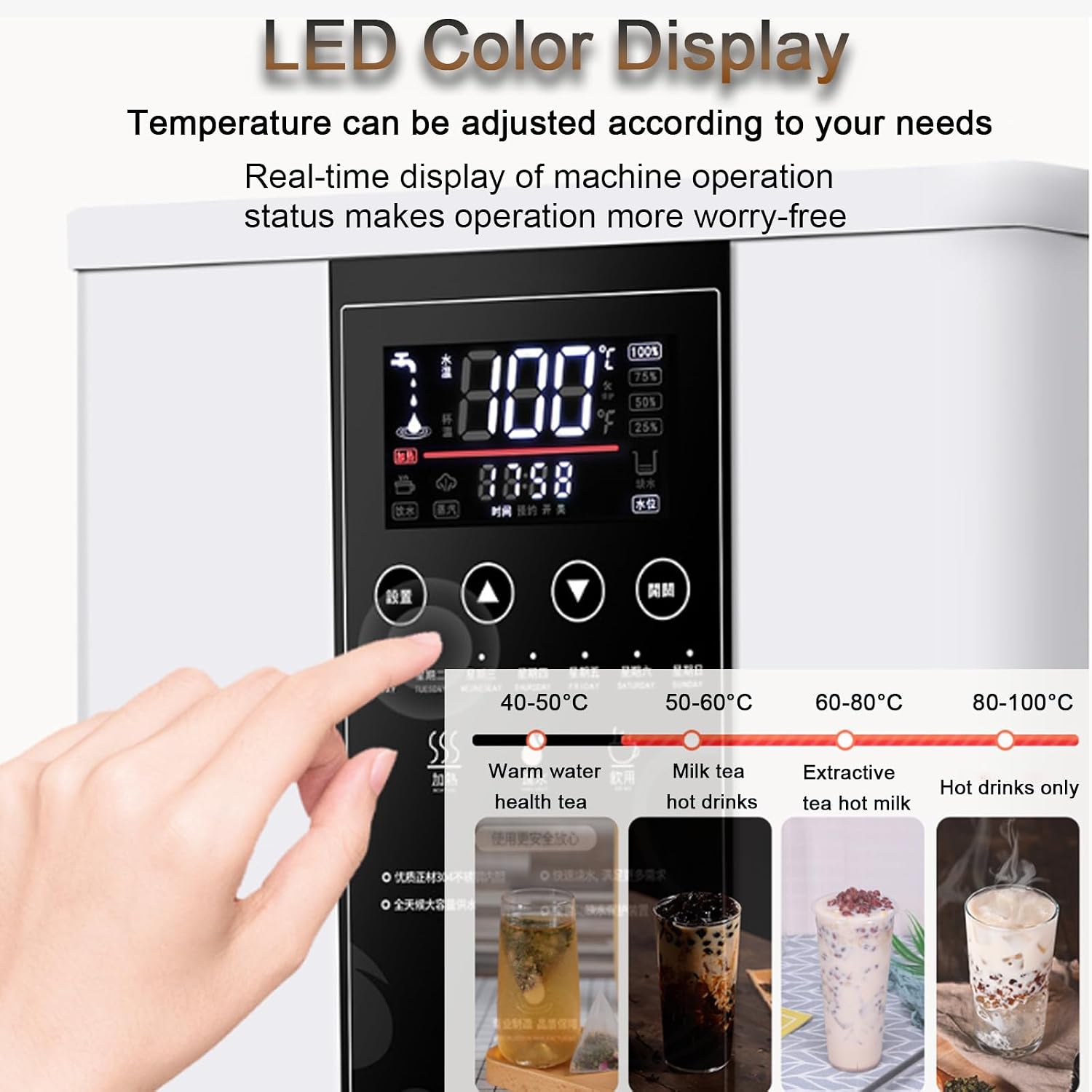Commercial Hot Water Dispenser, 60°C to 100°C Temperature Adjustable, Built-in Purifier, Step-heating, 60L/H Large Output, for Boba Tea Coffee Office Restaurant Black